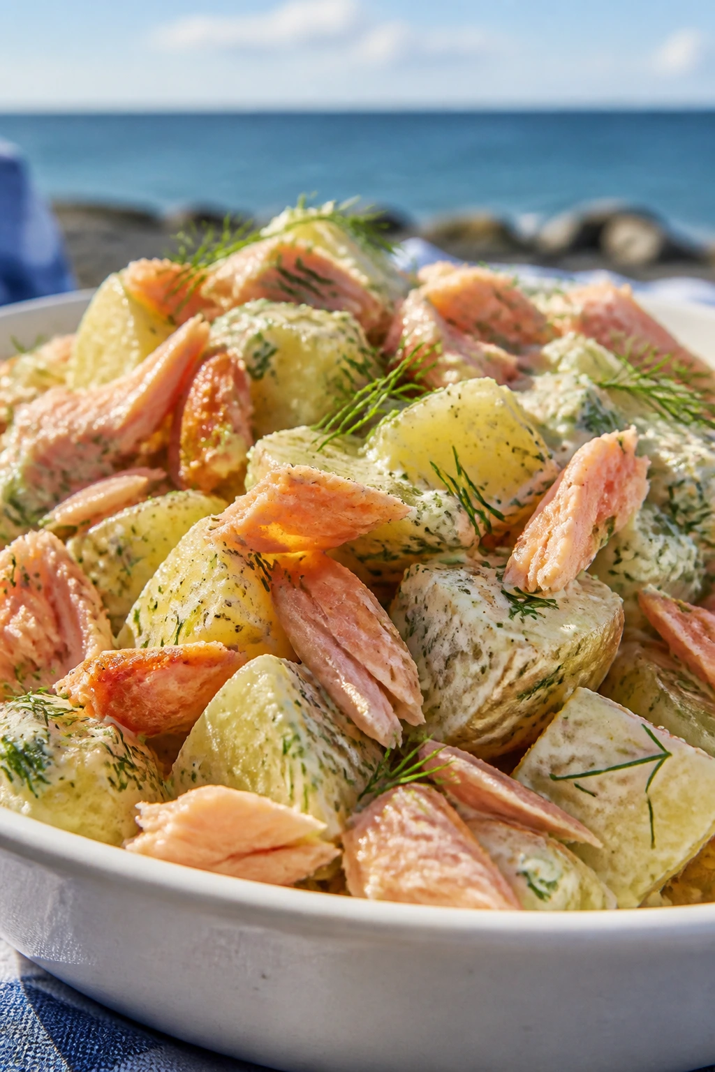 Close-up of smoked trout potato salad with dill on a picnic table
