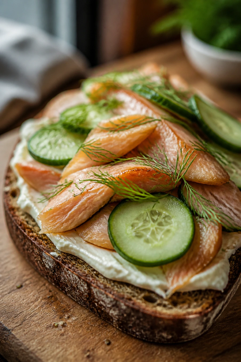 Close-up of smoked trout on rye open-face toast with cucumber and dill