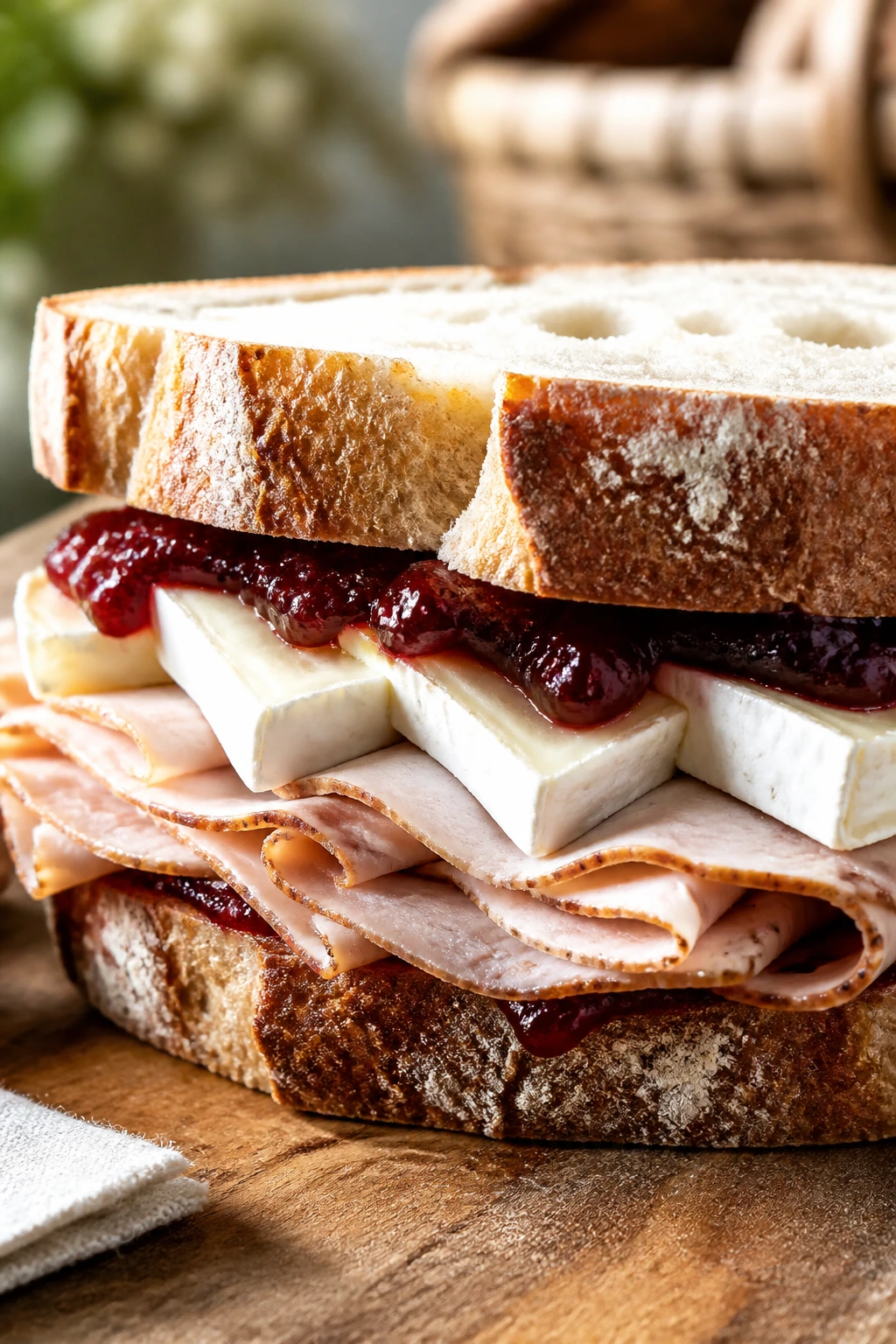 Close-up of smoked turkey cranberry brie sandwich on rustic board