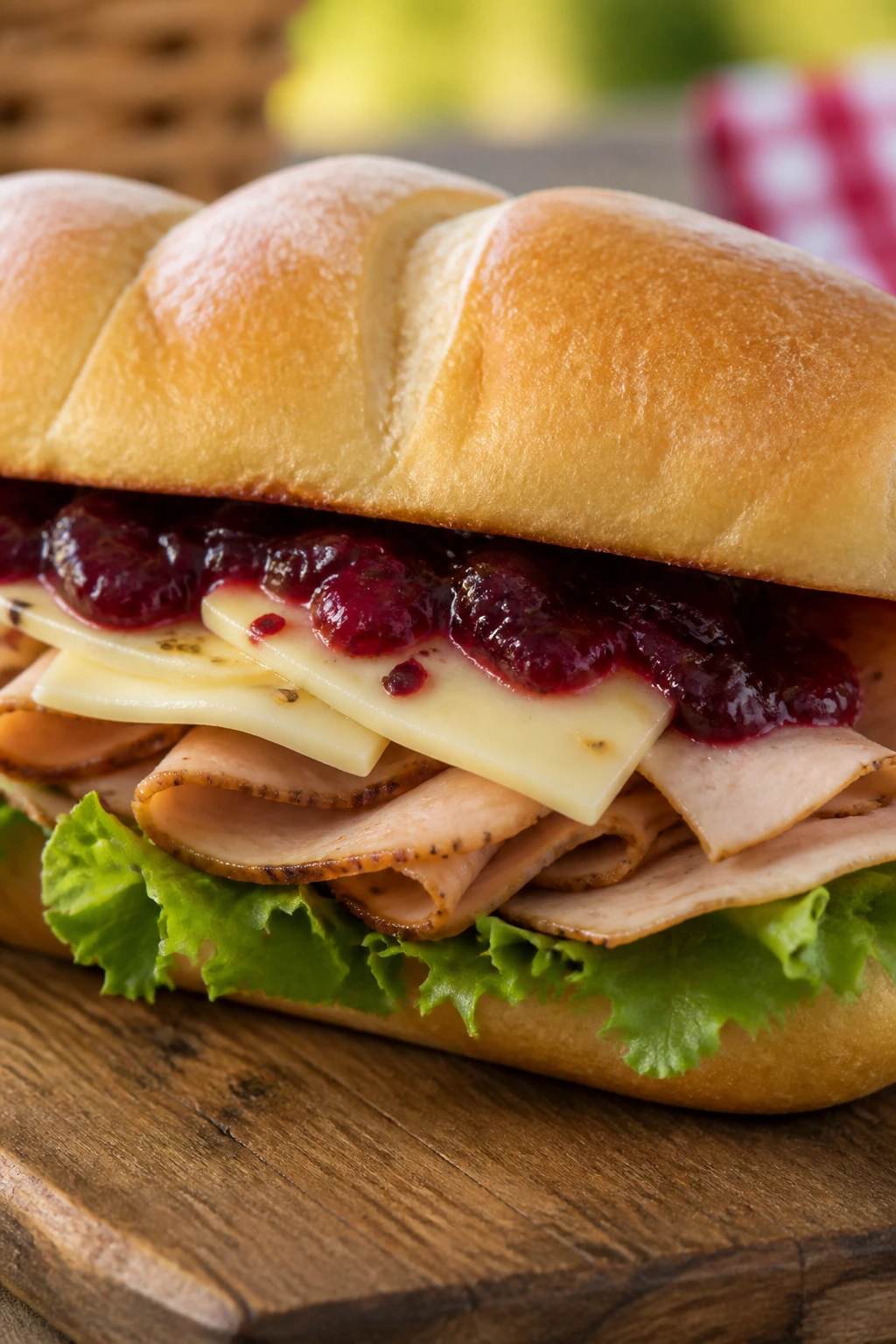 Close-up of Smoked Turkey Cranberry Pepper Jack Sandwich at a park picnic