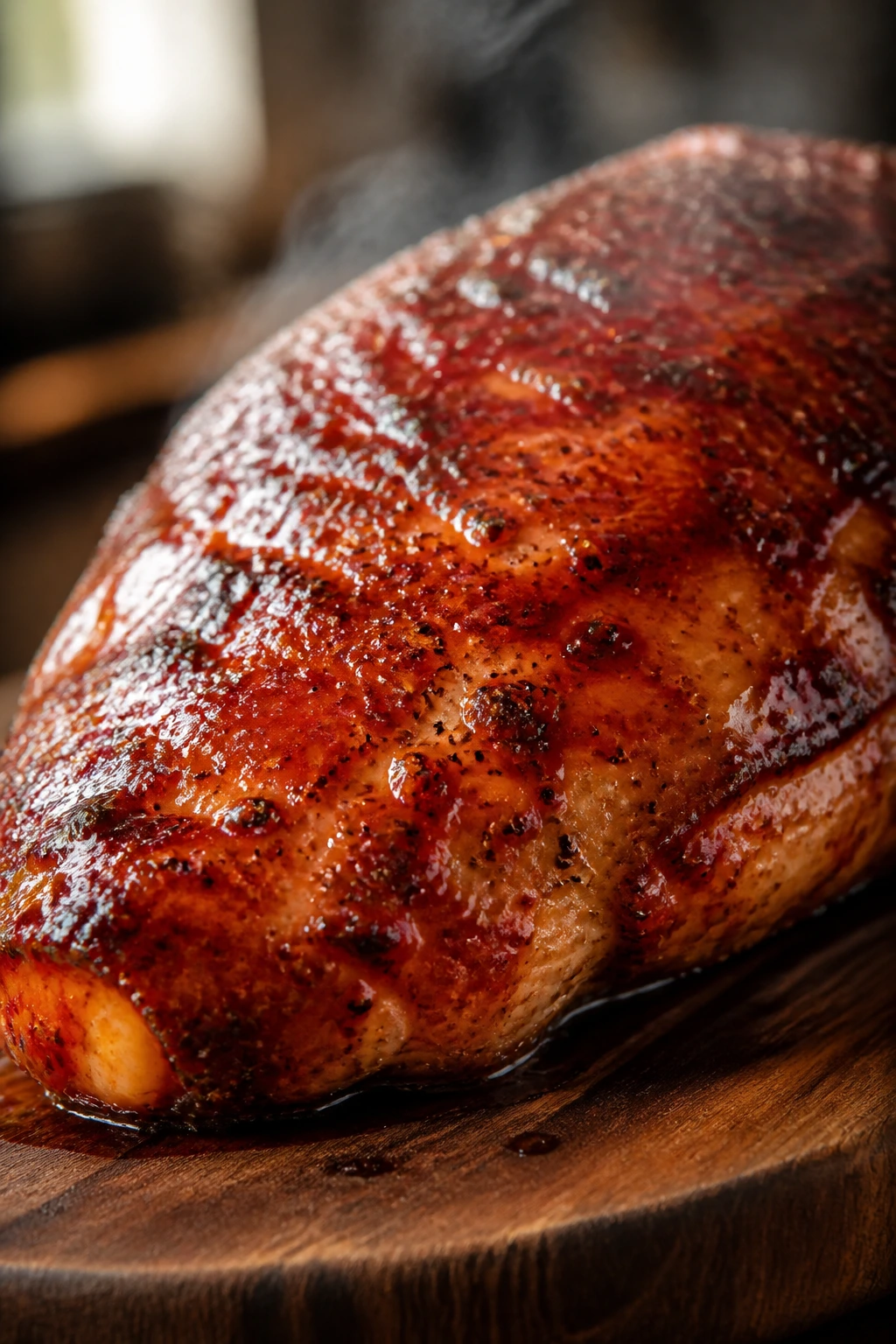 Close-up of smoked turkey breast with maple glaze on wooden board