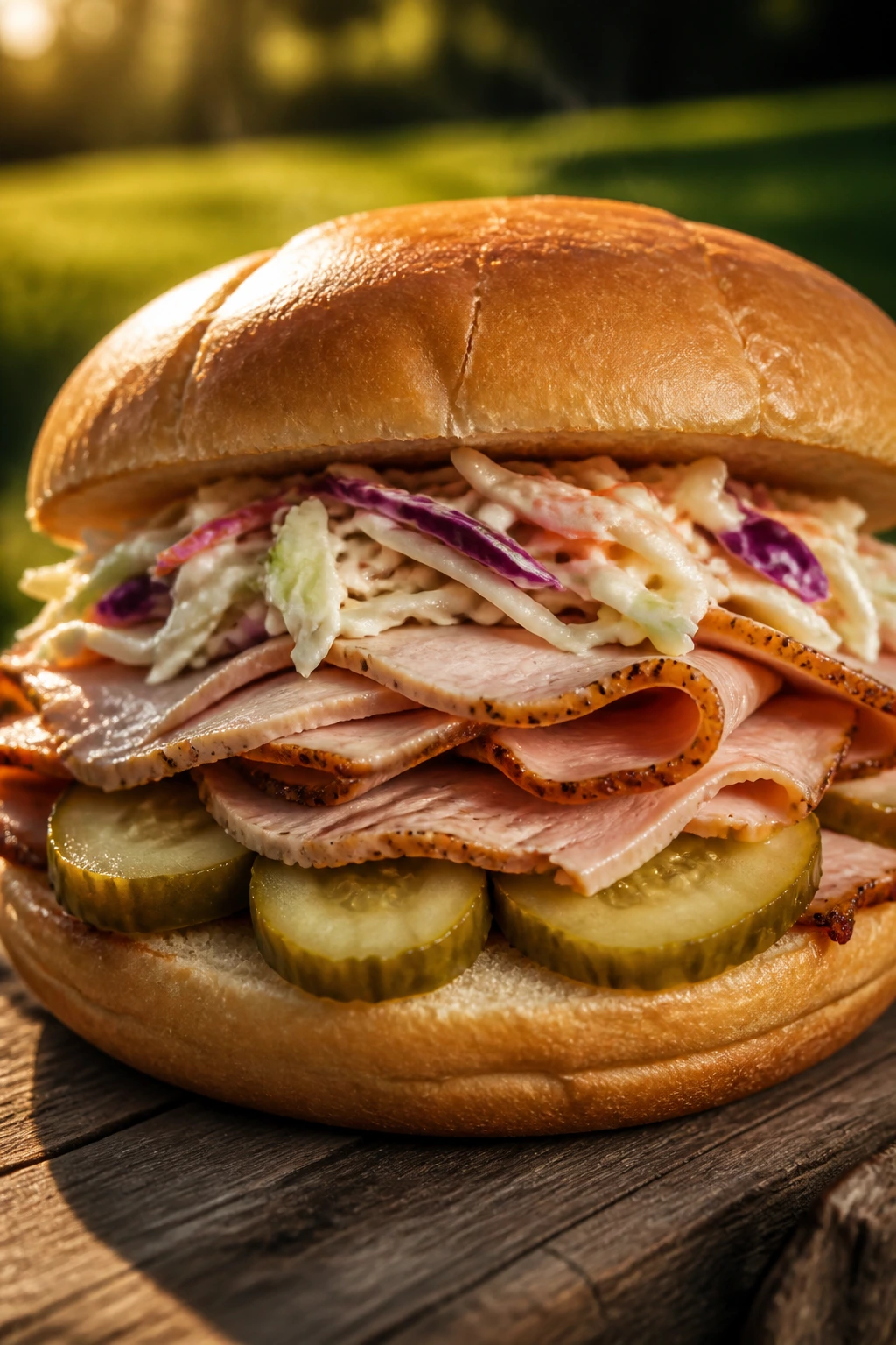 Close-up of a smoked turkey sandwich with coleslaw and pickles at a picnic.