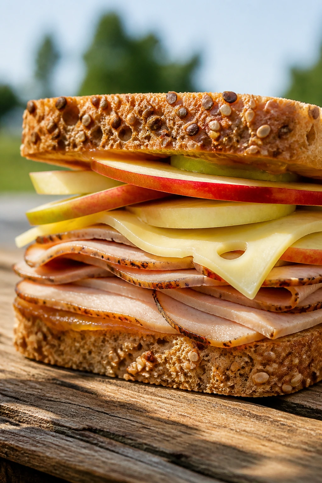 Cross-section of smoked turkey Swiss apple sandwich on seeded bread outdoors