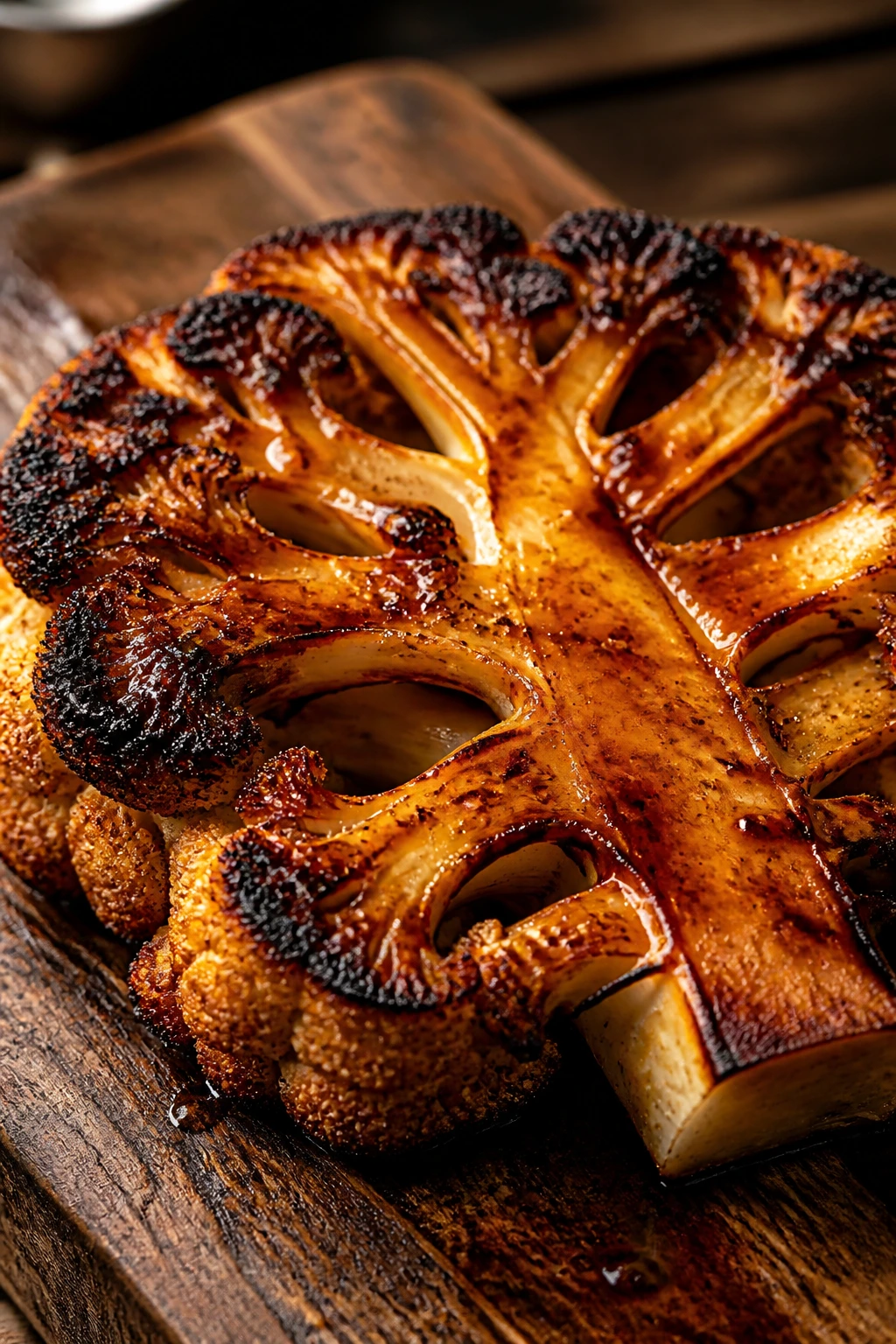 Close-up of a charred cauliflower steak with smoky glaze on wooden board
