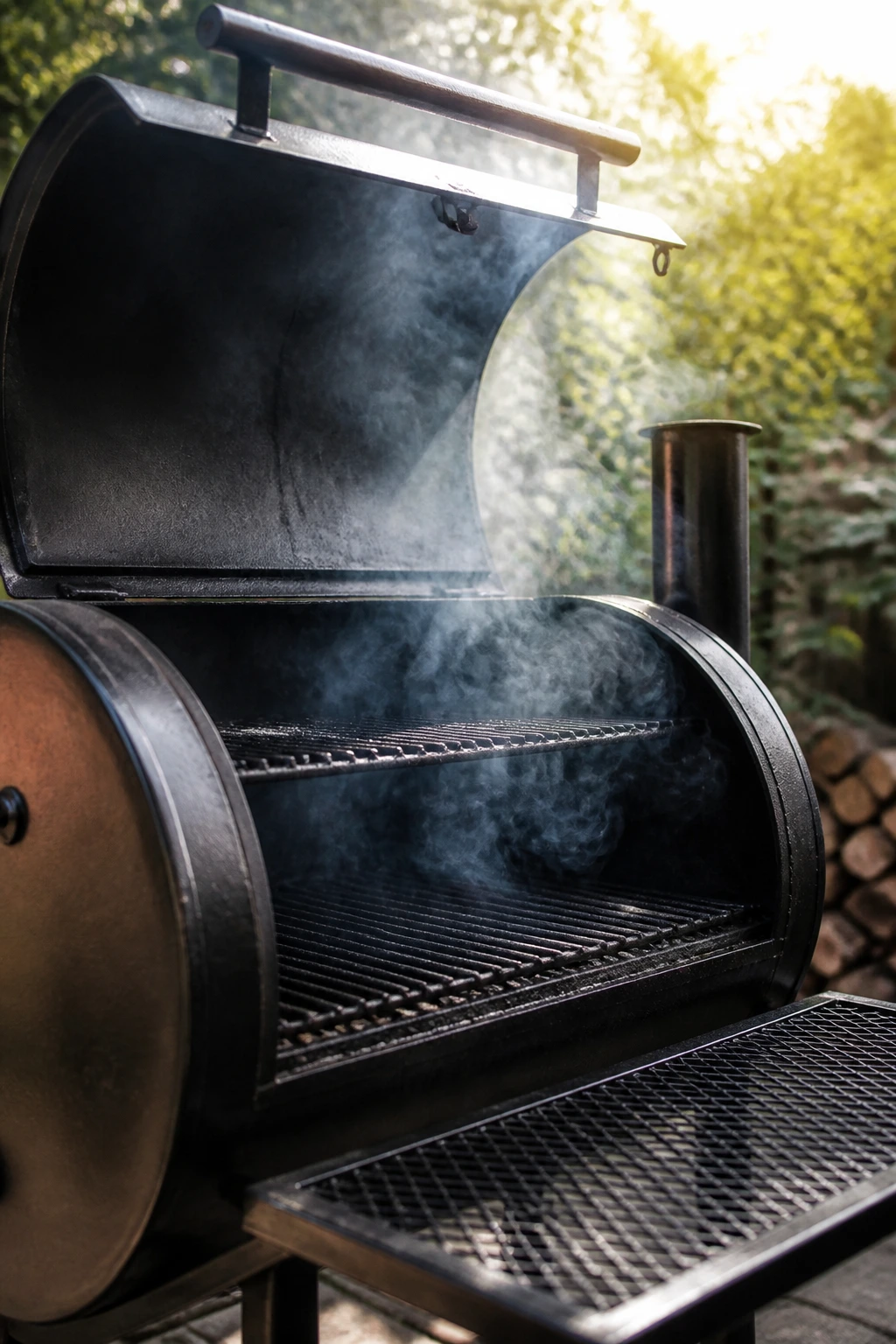 Close-up of a barrel-style smoker emitting smoke in a sunlit backyard.