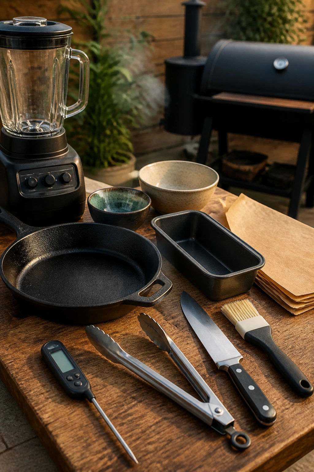Still life of essential smoking equipment on a wooden board