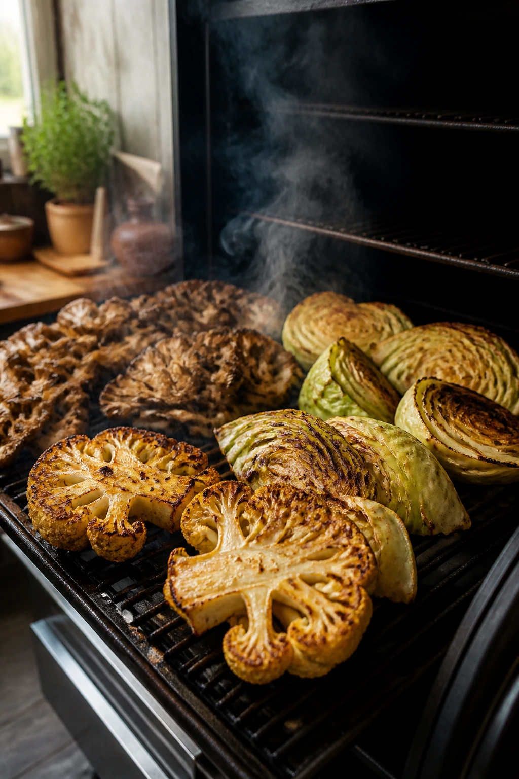 Close-up inside a smoker rack with plant-based vegetables