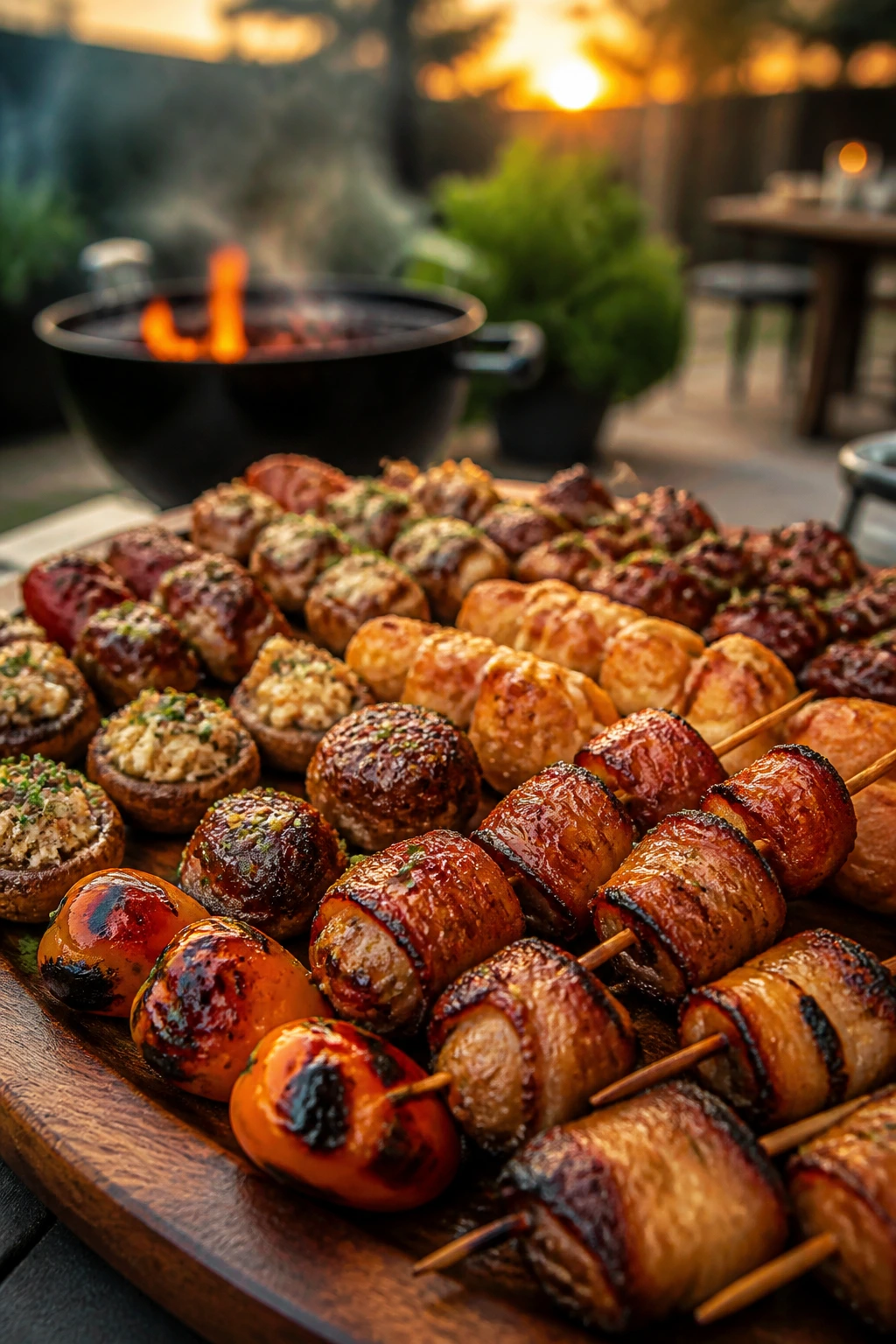 Close-up platter of smoky appetizers on a rustic board in a backyard patio