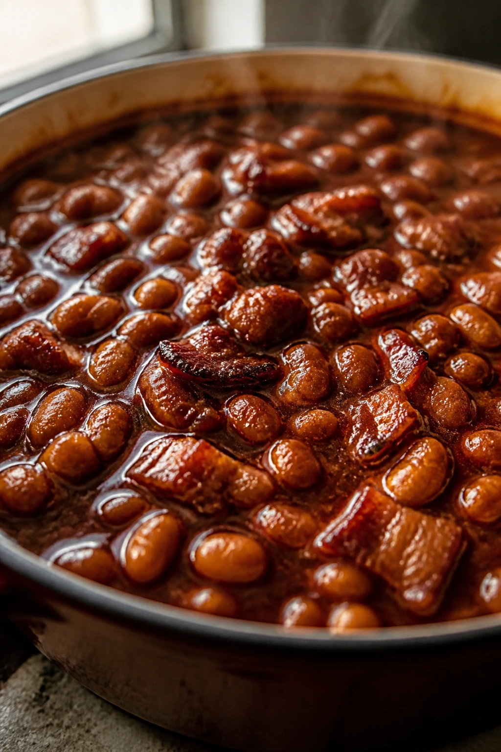 Glossy baked beans with bacon in a pot on a kitchen counter