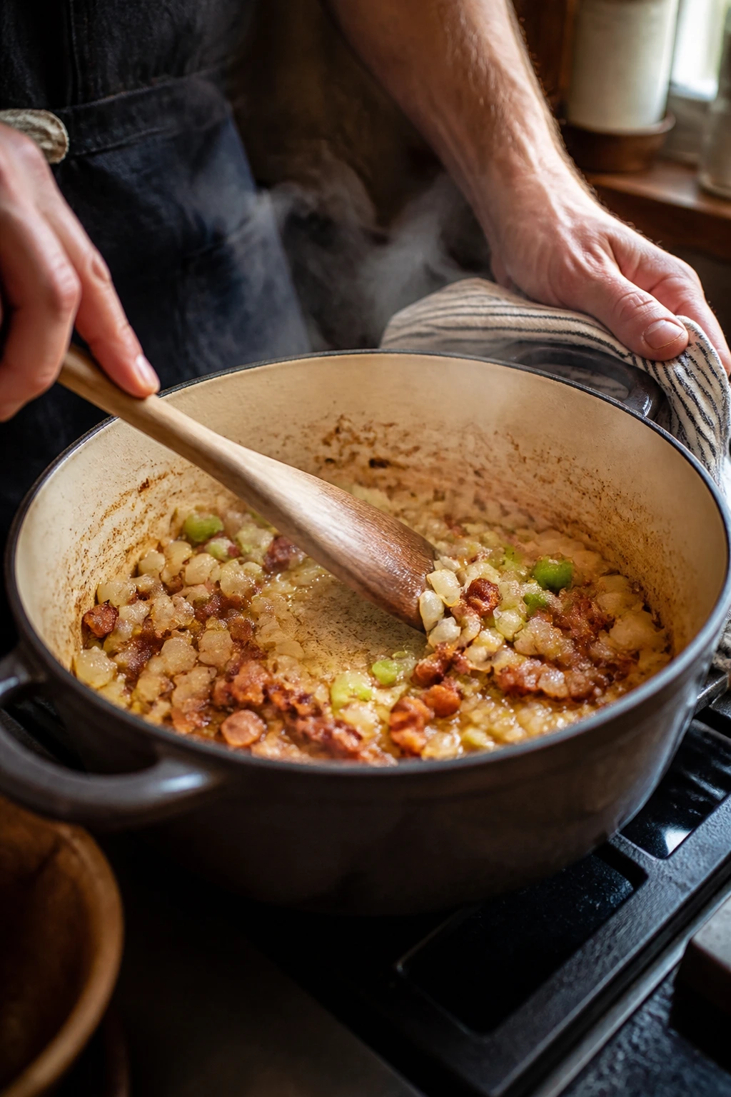 Close-up of hands stirring smoky base in a Dutch oven on a stove.