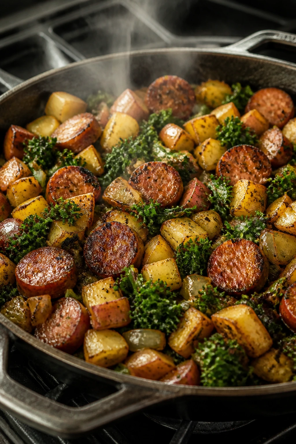 Close-up of smoky beef sausage hash with kale in a skillet
