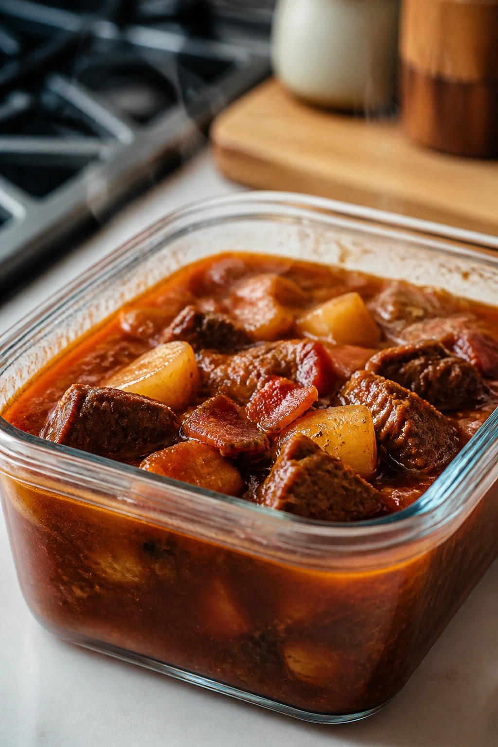 Close-up of smoky beef stew in a glass storage container for make-ahead storage and reheating