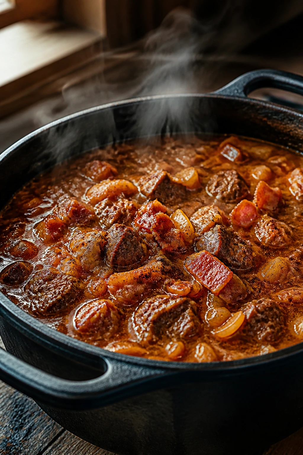 Close-up of smoky beef stew in a cast-iron pot with bacon and paprika-rich broth, steam rising.