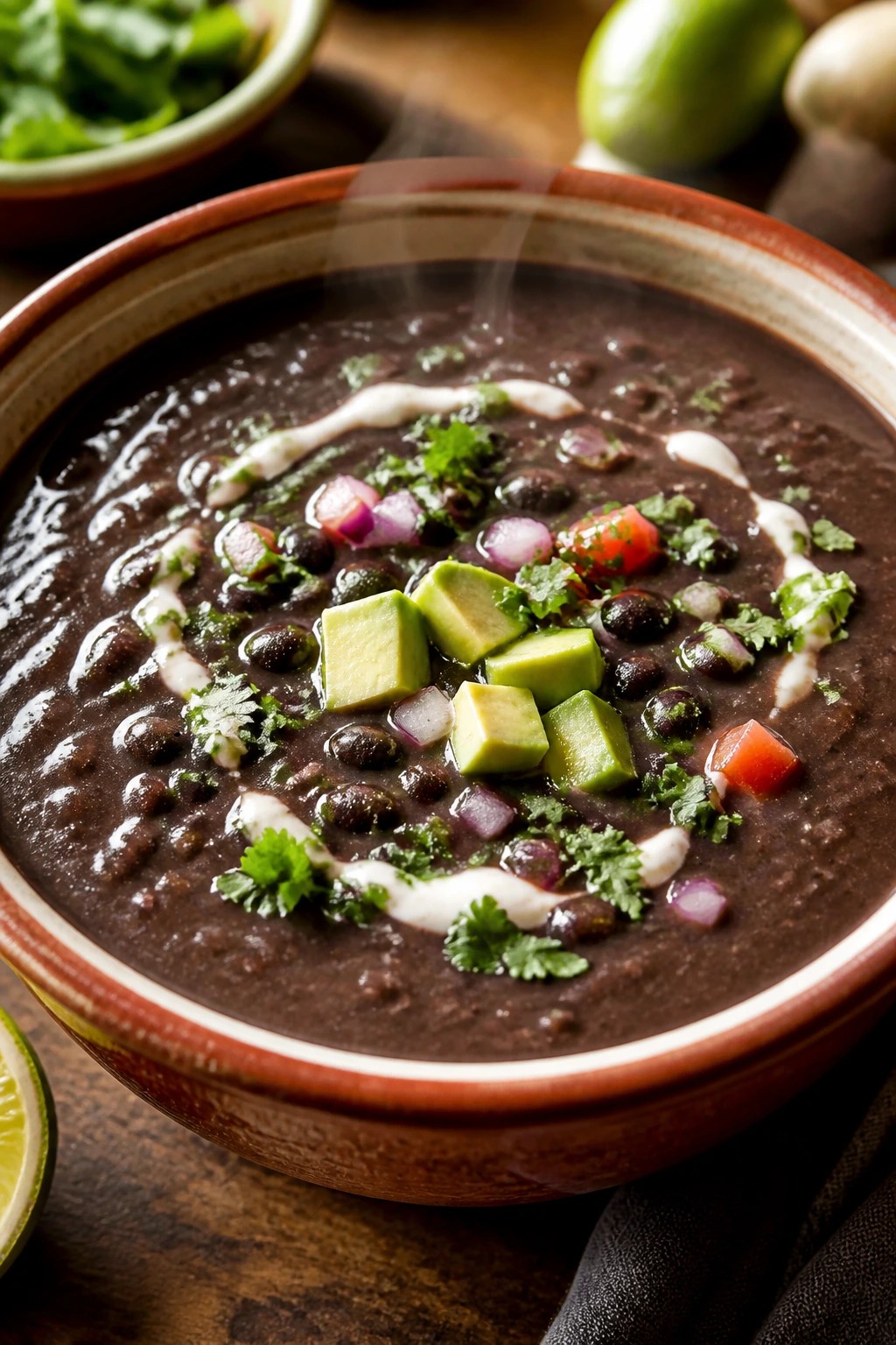 Velvety smoky black bean soup in a ceramic bowl, rich and dark