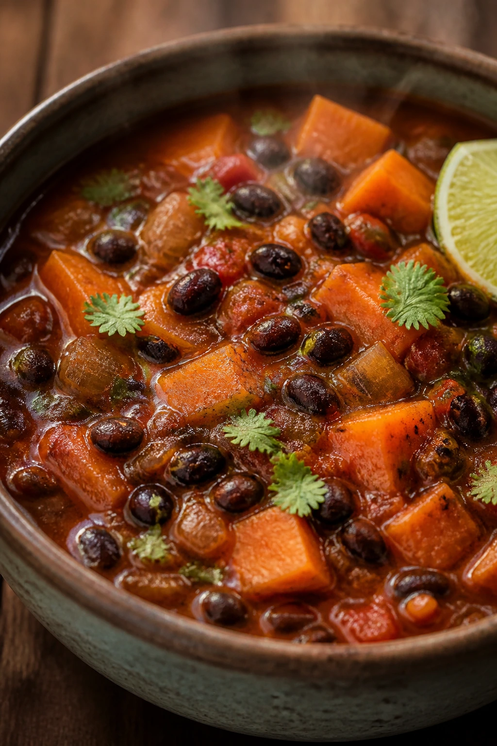 Close-up of smoky black bean and sweet potato stew in a rustic bowl