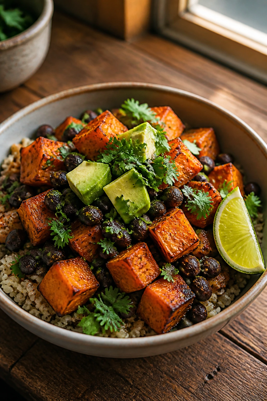 Close-up of Smoky Black Bean Sweet Potato Bowl with caramelized sweet potatoes, black beans, avocado on wooden table