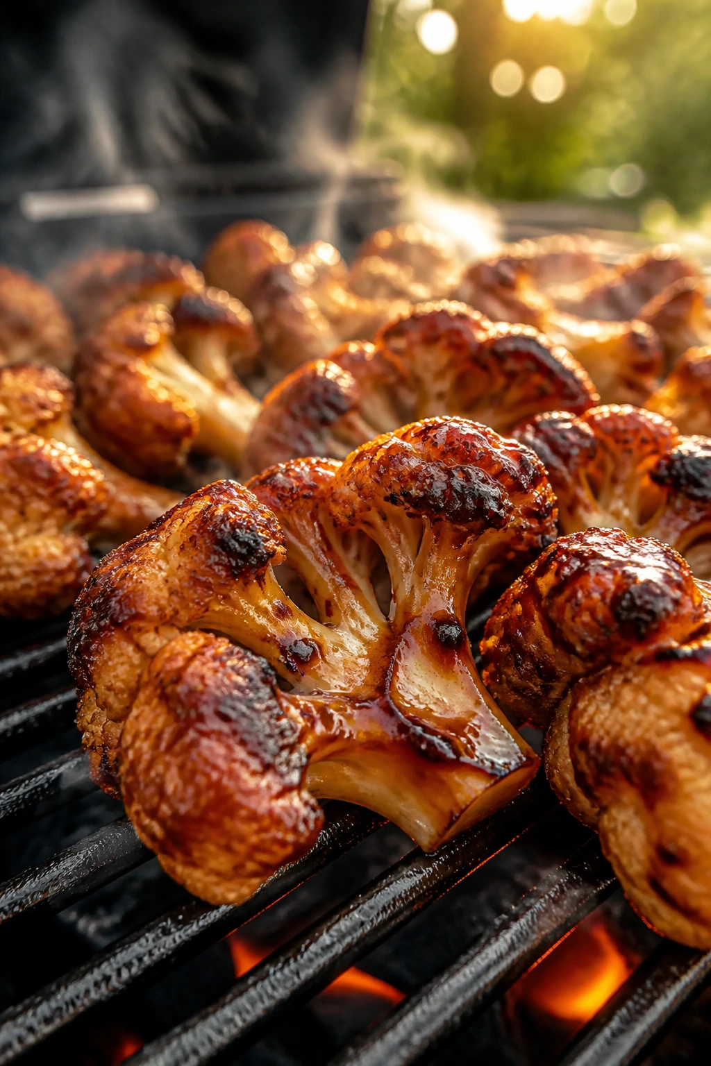 Close-up of charred cauliflower florets on a grill with a smoky glaze