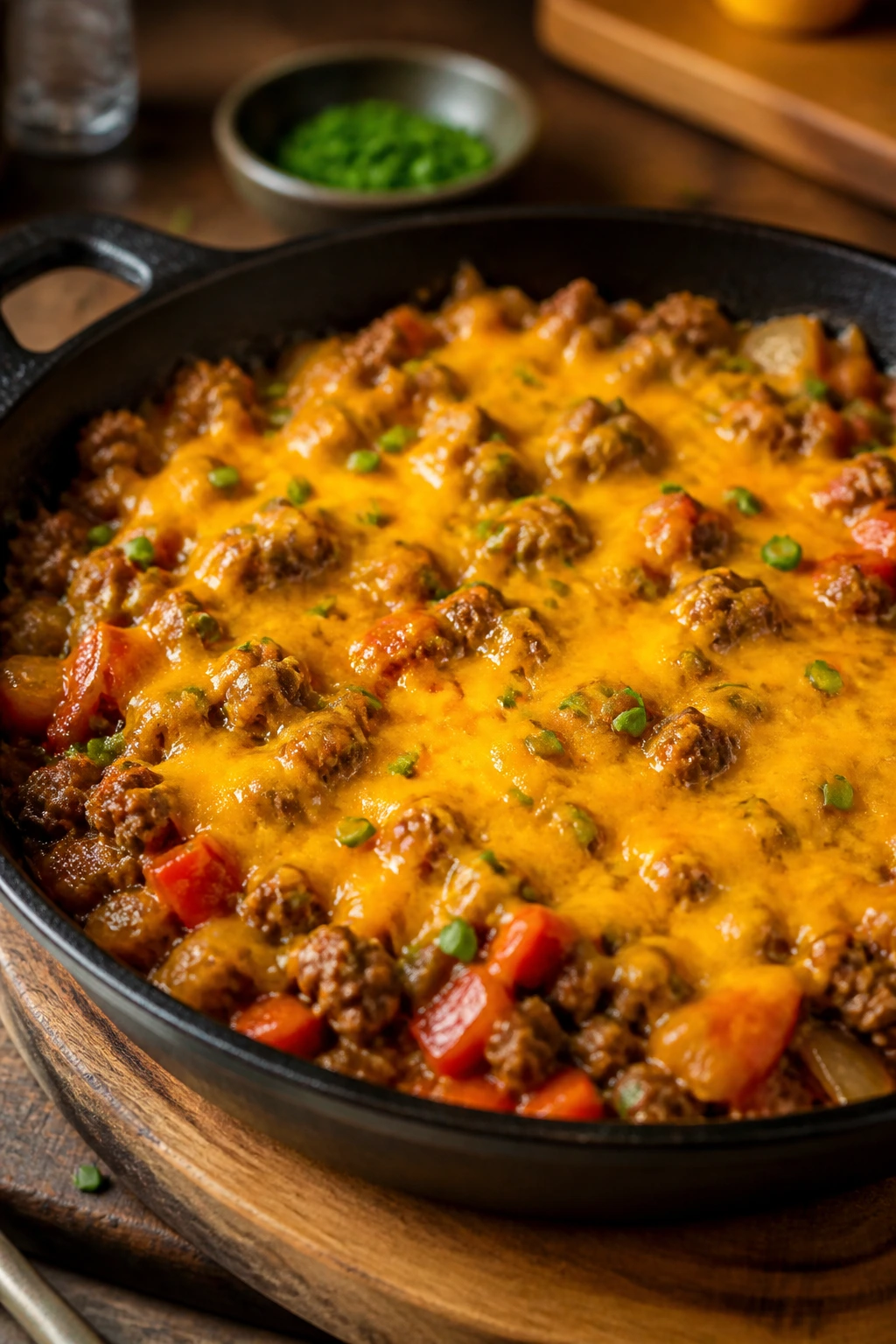 Close-up of smoky cheddar skillet with melted cheddar and chives