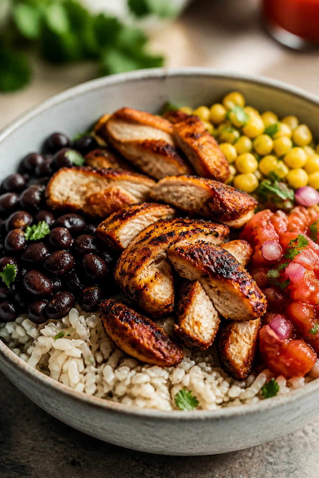 Smoky chicken burrito bowl with beans, corn and salsa