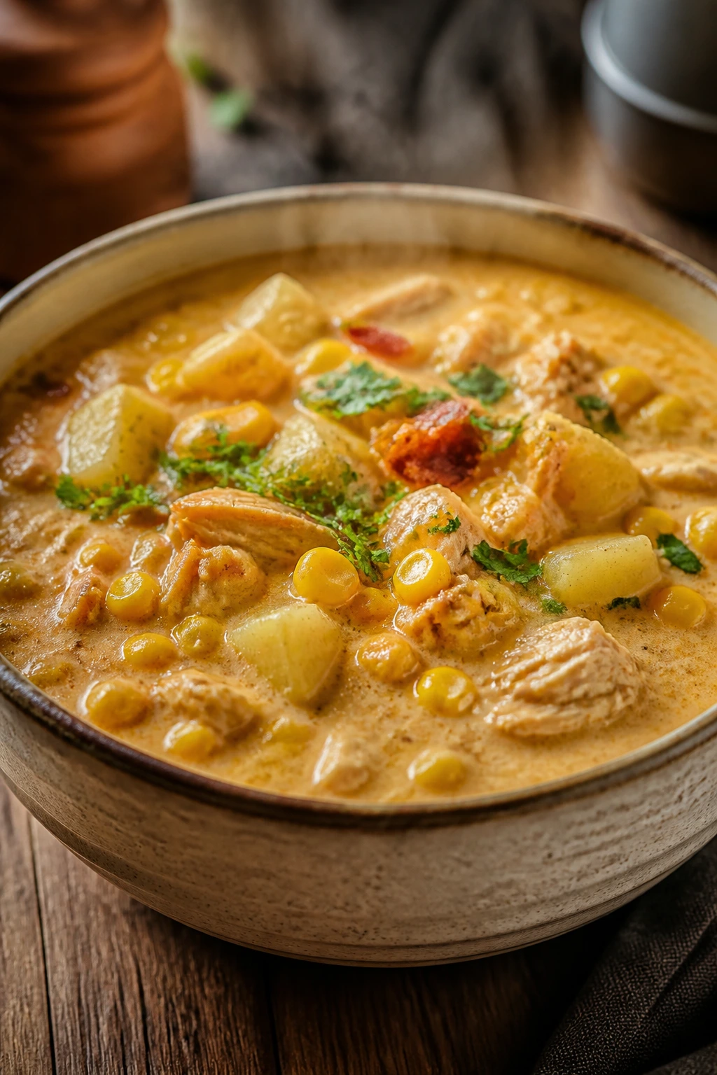 Close-up of smoky chicken corn chowder in a rustic bowl