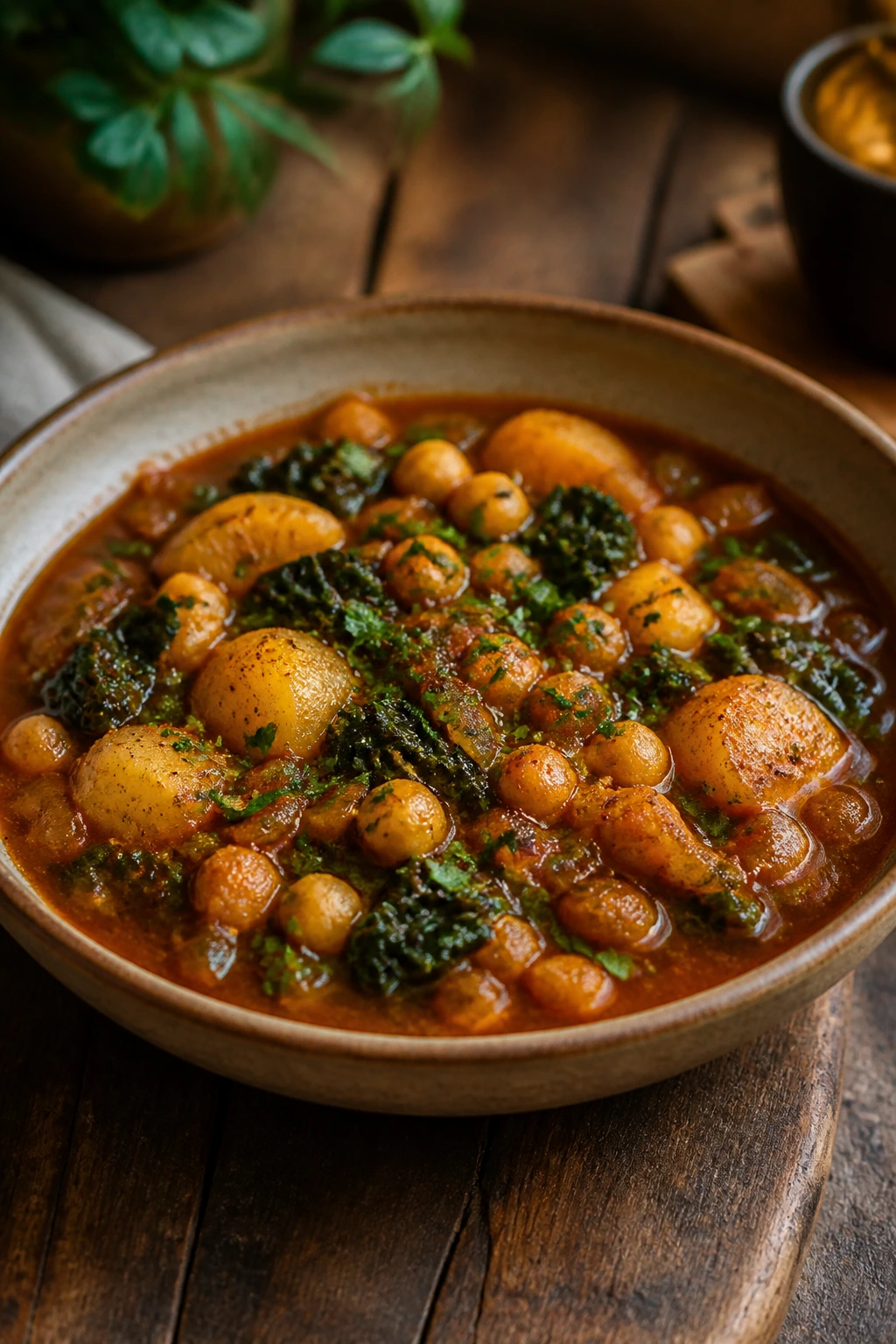 Close-up of smoky chickpea stew in a shallow bowl with parsley and olive oil drizzle.