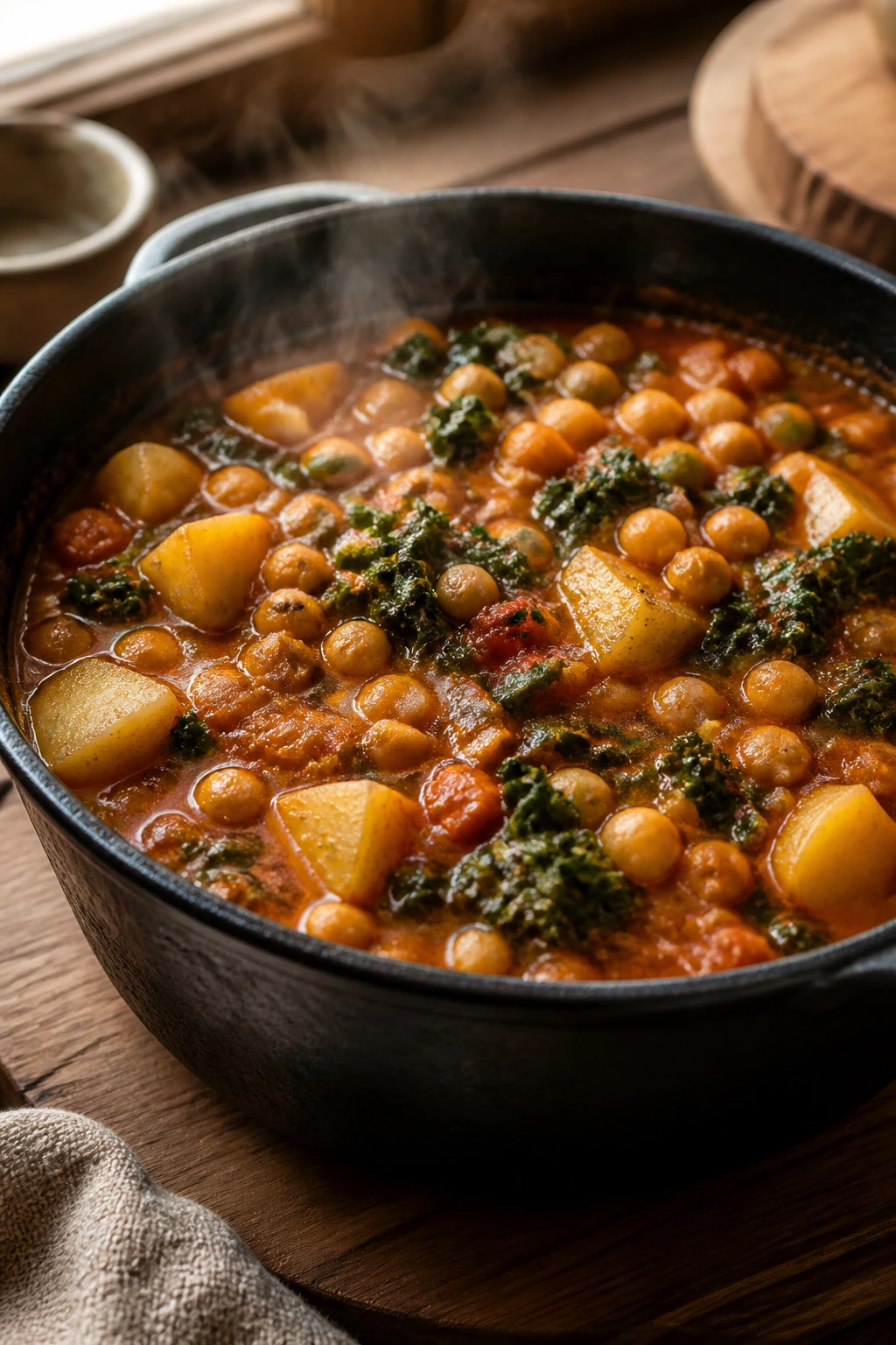 Close-up of a rustic cast-iron pot with smoky chickpea stew, steam rising, chickpeas, potatoes, and kale.