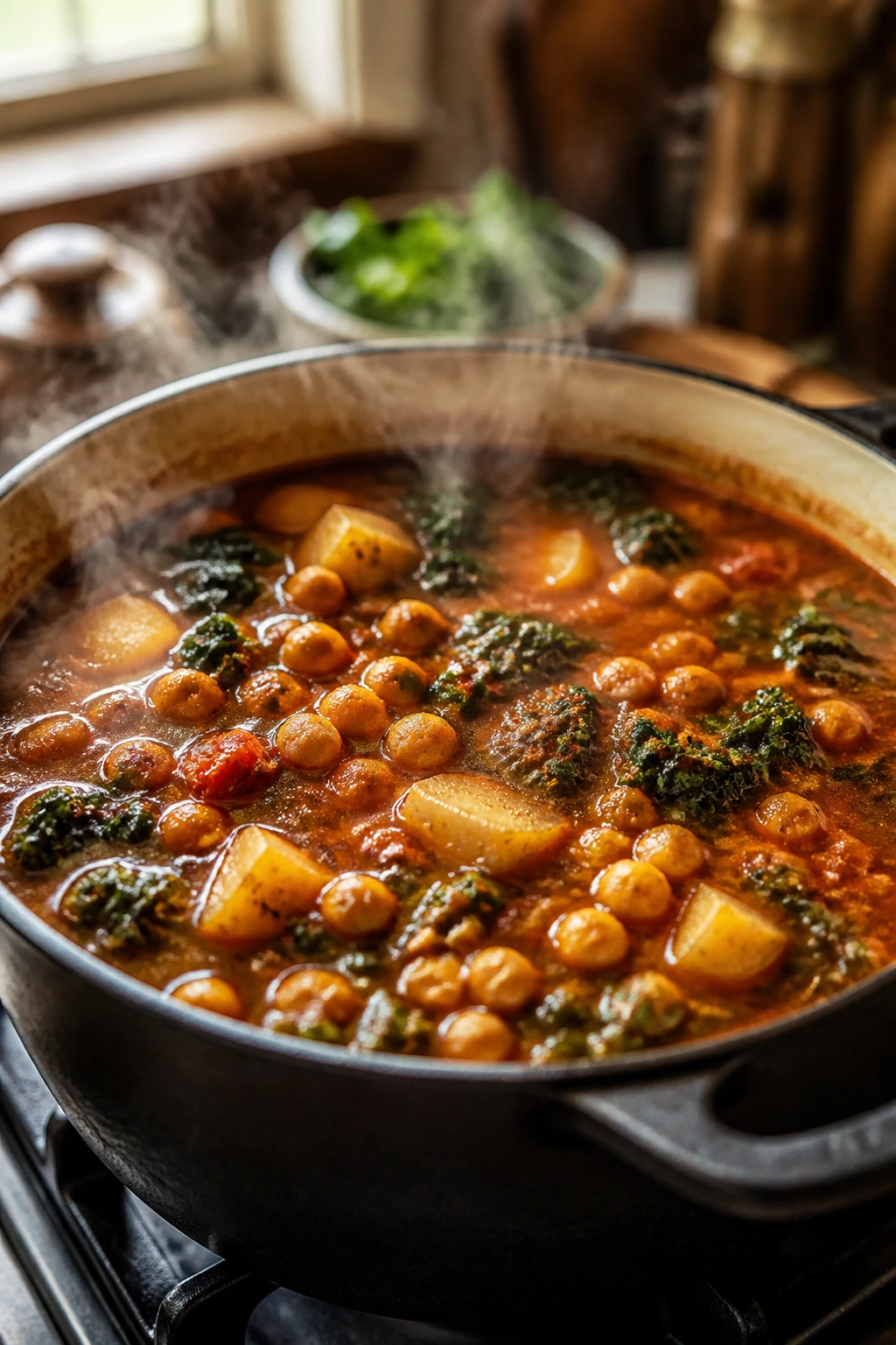 Simmering smoky chickpea stew in a pot, highlighting timing and serving window