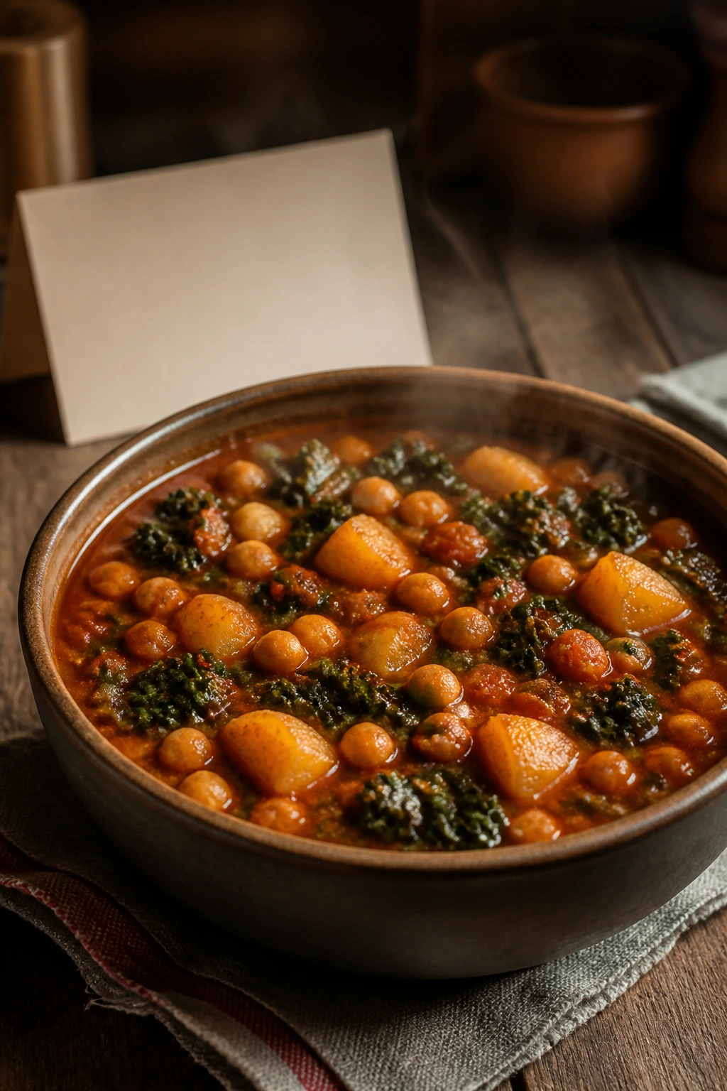 Close-up of a steaming bowl of smoky chickpea stew on a wooden table with a blank recipe card in the background.