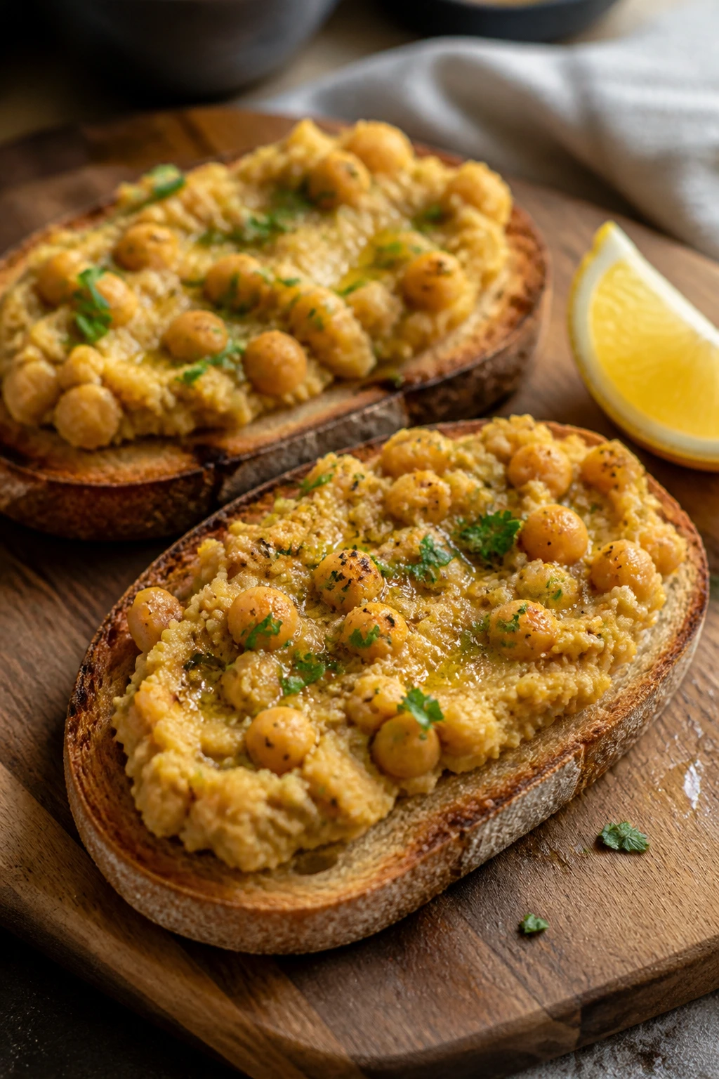 Toast with smoky chickpea spread and lemon wedge