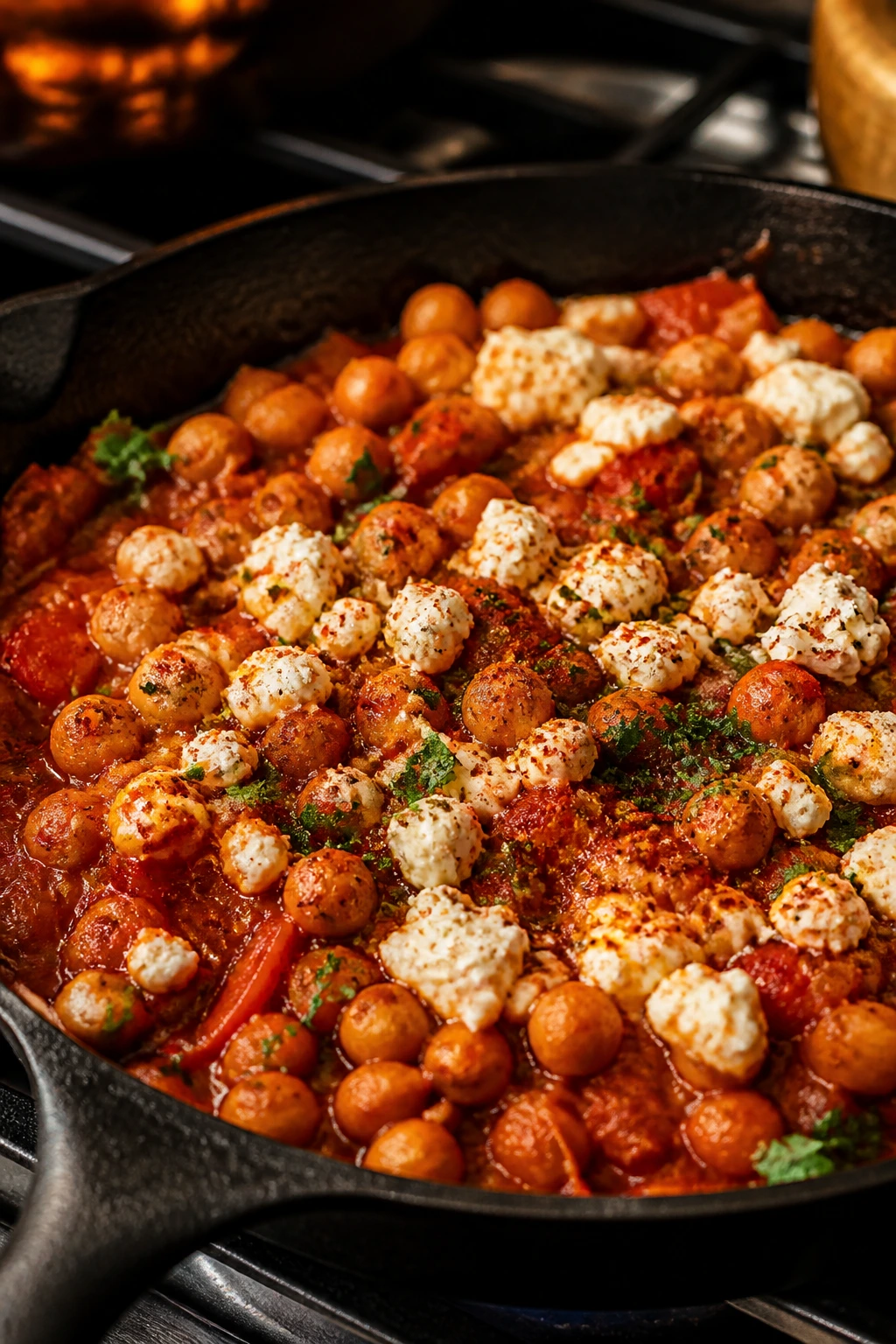 Chickpeas in smoky tomato skillet with feta.