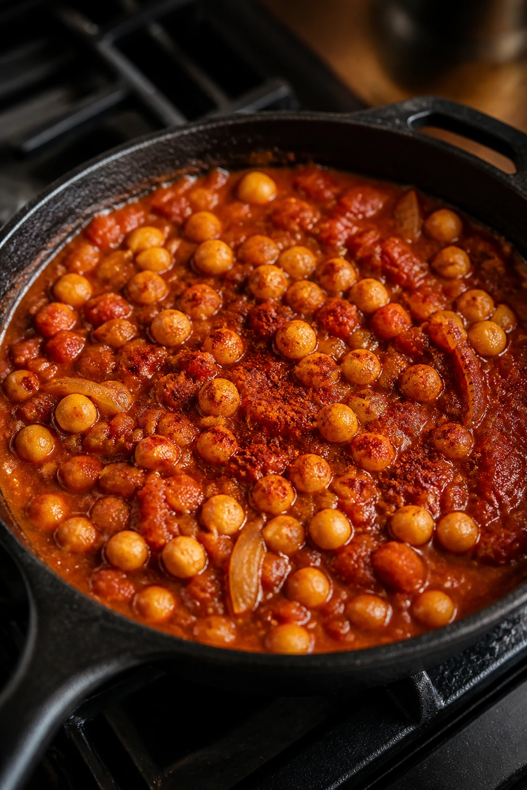 Cast-iron skillet with smoky chickpeas in tomato sauce on a stove