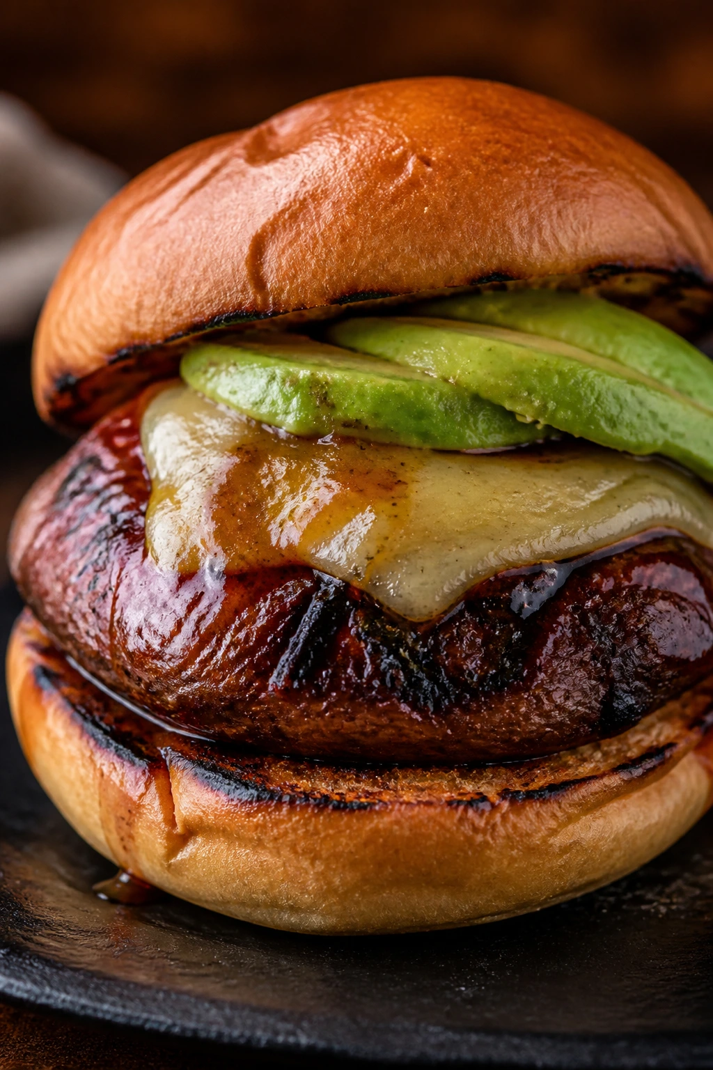 Close-up of Smoky Chipotle Avocado Portobello Burger