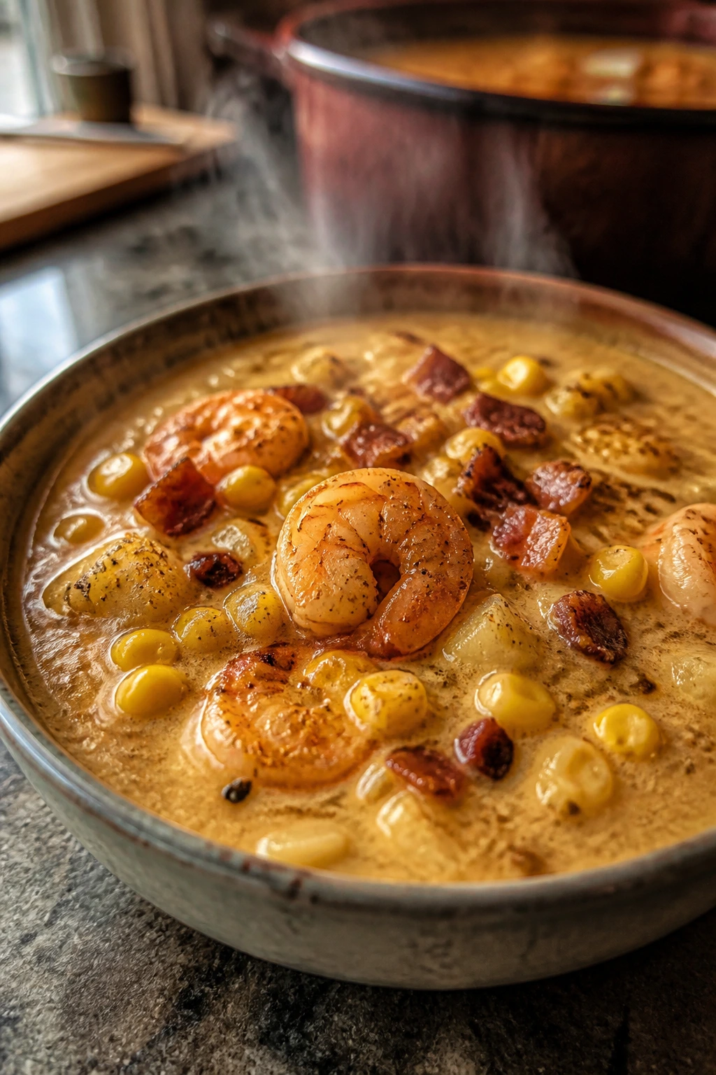 Close-up of smoky shrimp corn chowder in a bowl