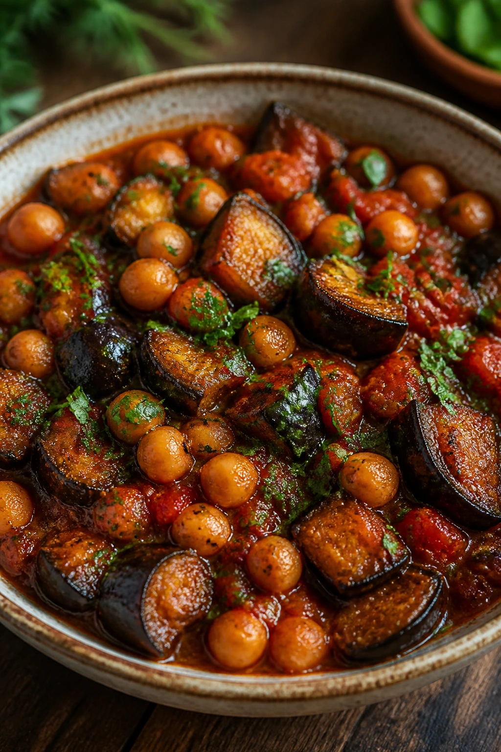 Close-up of smoky eggplant chickpea bowl with parsley