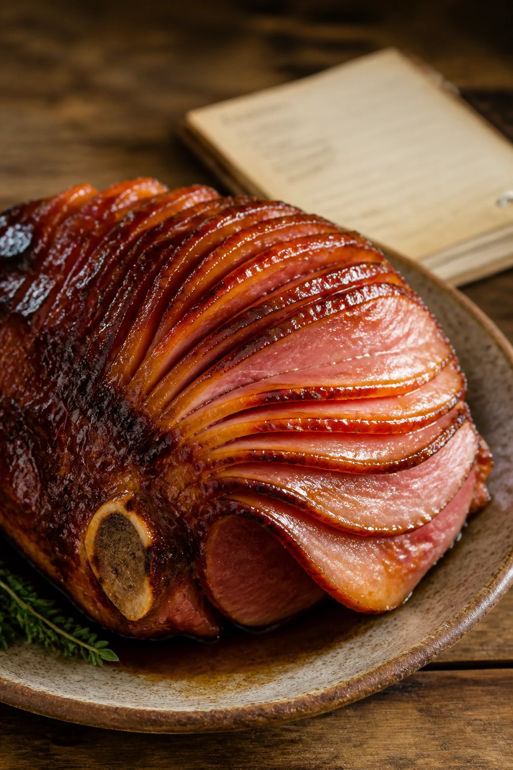 Close-up of smoky glazed ham on a rustic plate under warm kitchen lighting