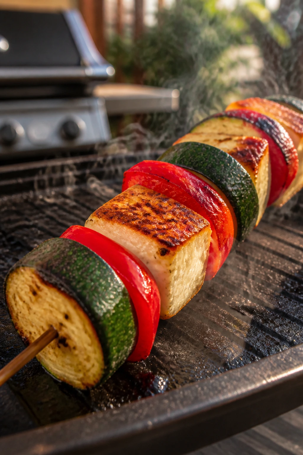 Close-up smoky halloumi zucchini skewers on a grill pan