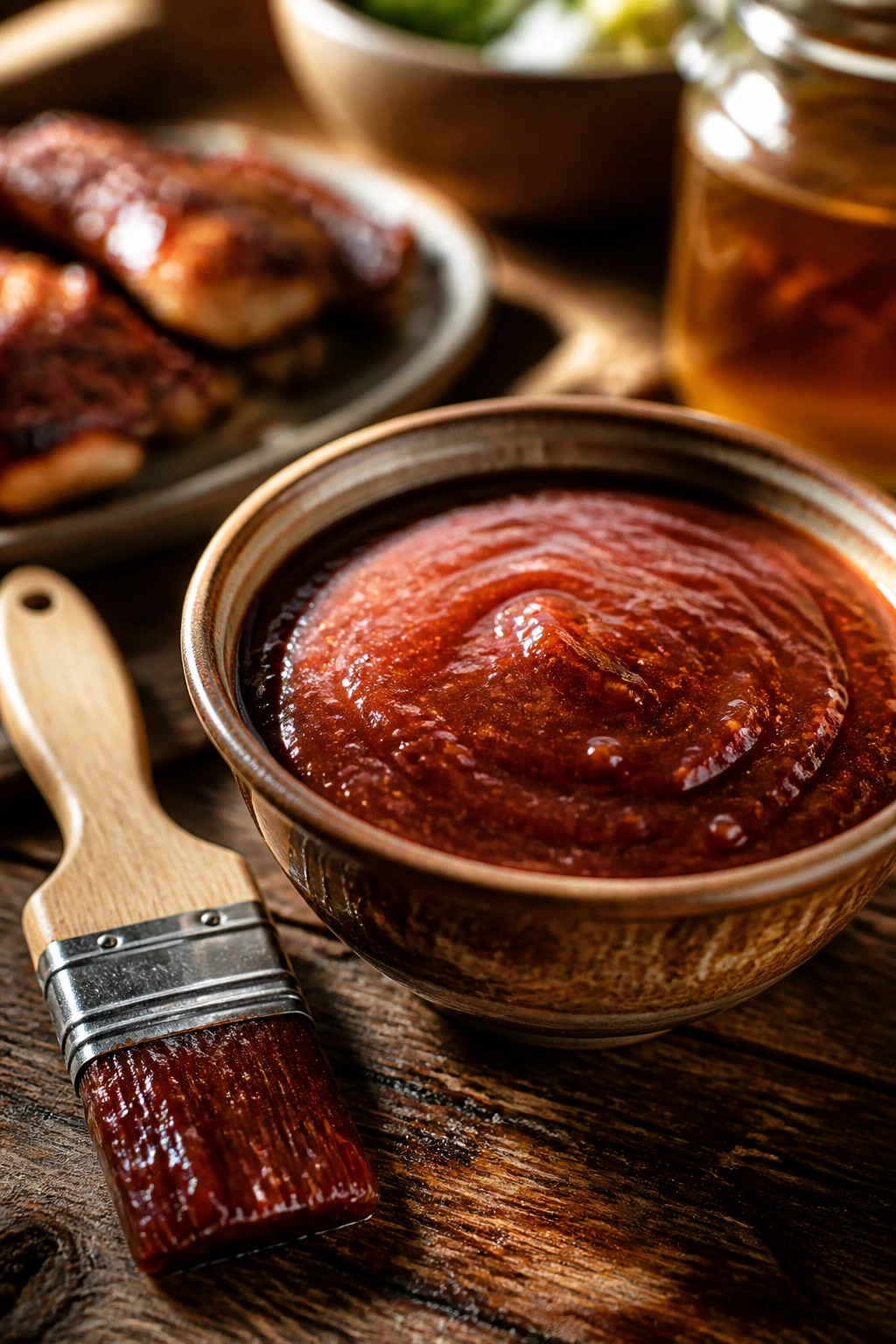 Close-up of smoky honey BBQ sauce in a warm bowl with a brush on a wooden table