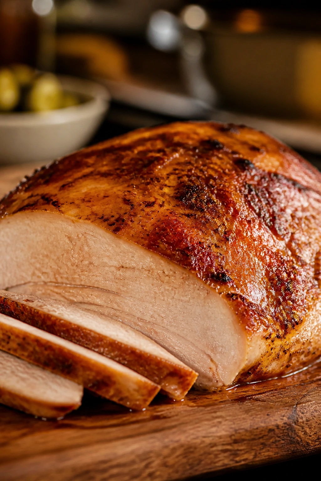 Turkey breast with smoky paprika glaze on a wooden board