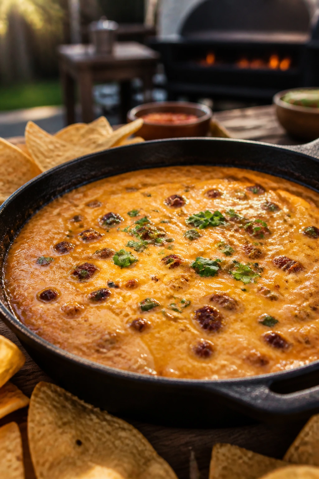 Cast-iron skillet with smoky queso dip and chips on a backyard table