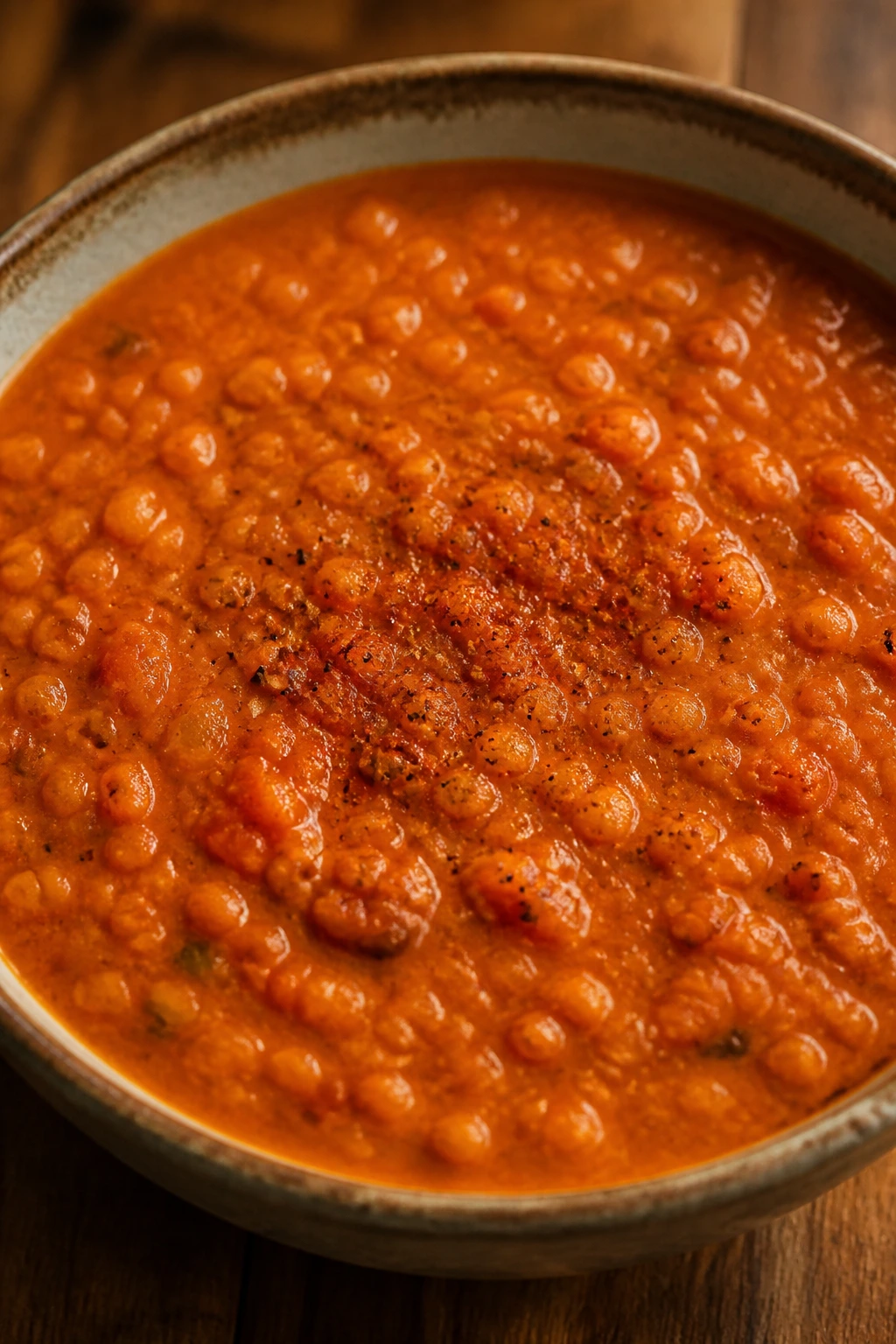 Thick smoky red lentil soup in a bowl
