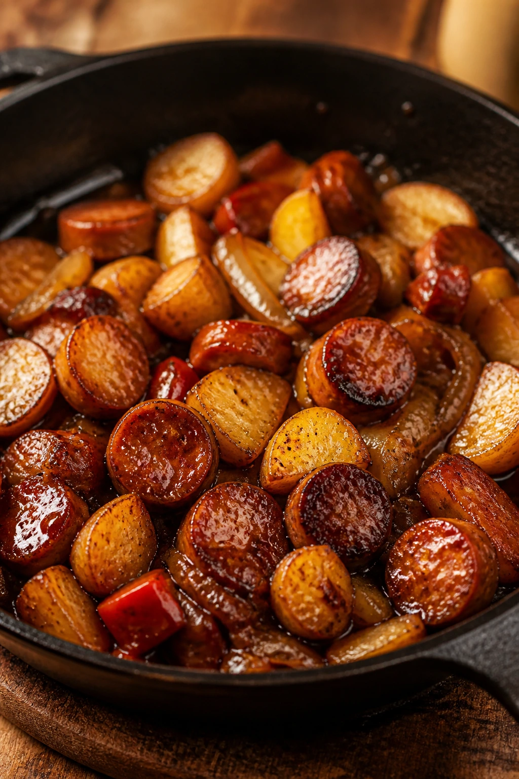 Finished smoky sausage and potatoes skillet with brown sugar glaze in rustic kitchen
