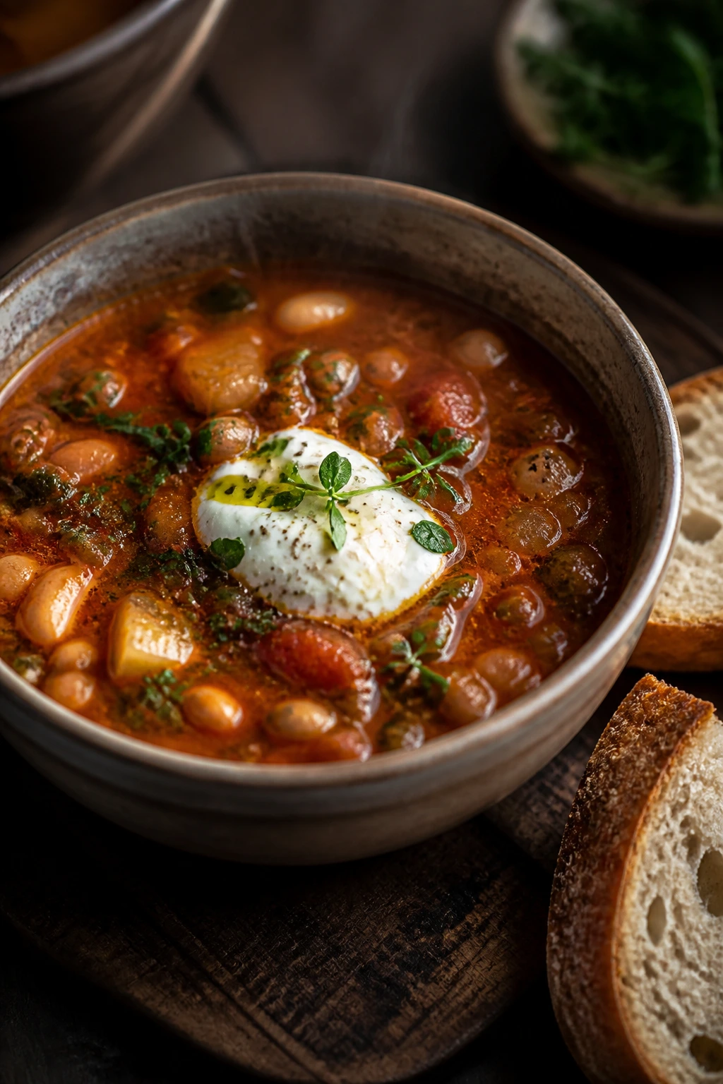 Deep bowl of smoky soup with yogurt dollop and herbs for brightness