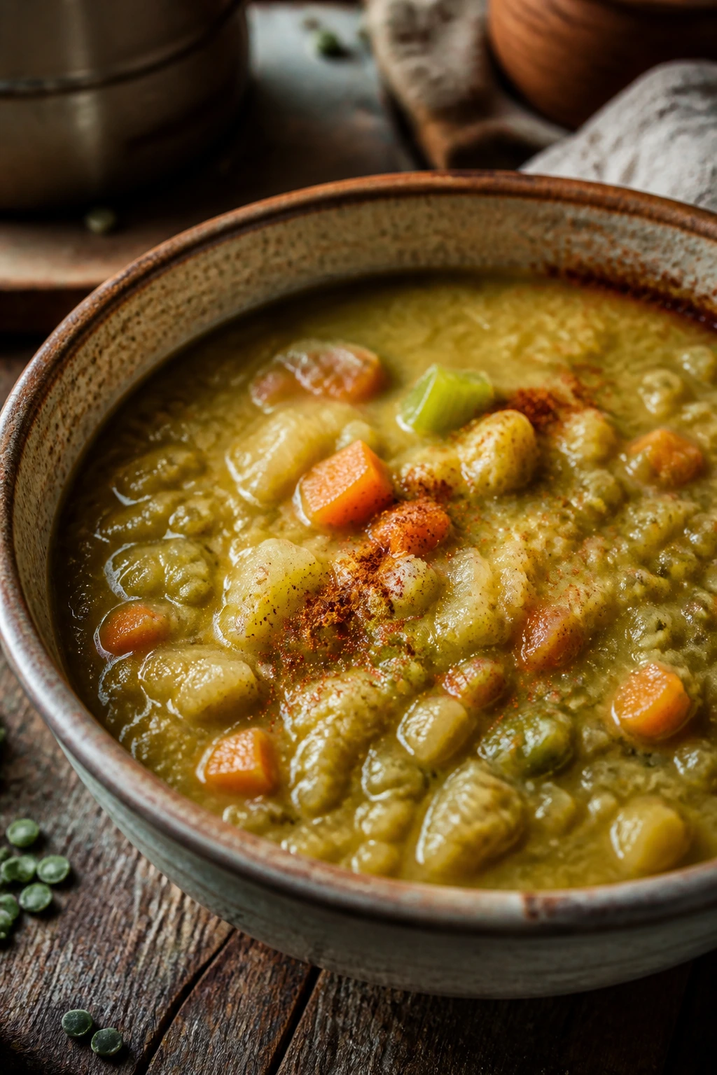 Close-up of smoky split pea soup in a rustic bowl on a wooden table with vegetables