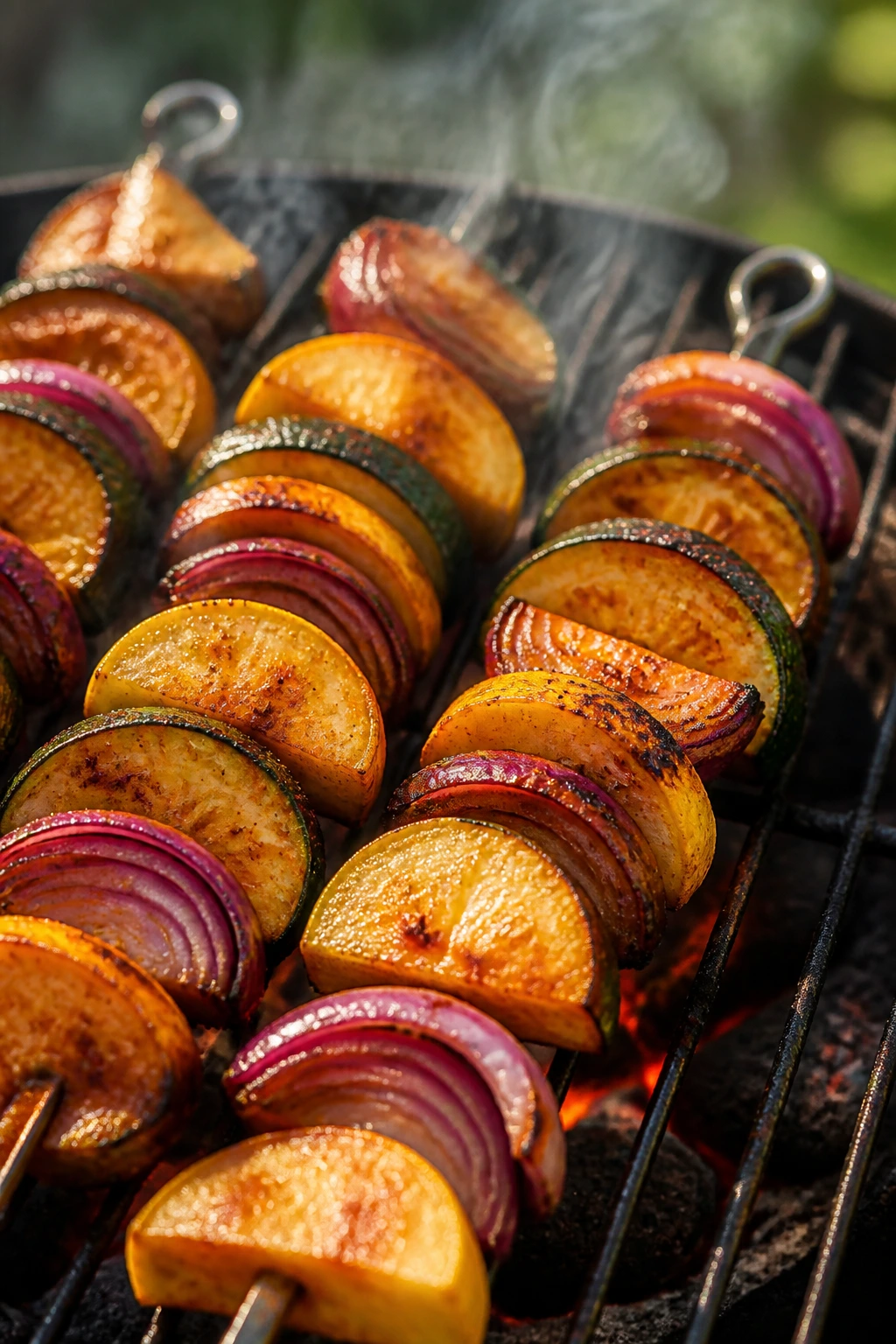 Close-up of smoky squash and red onion skewers on a grill, vibrant veggie kebabs for Meatless Monday