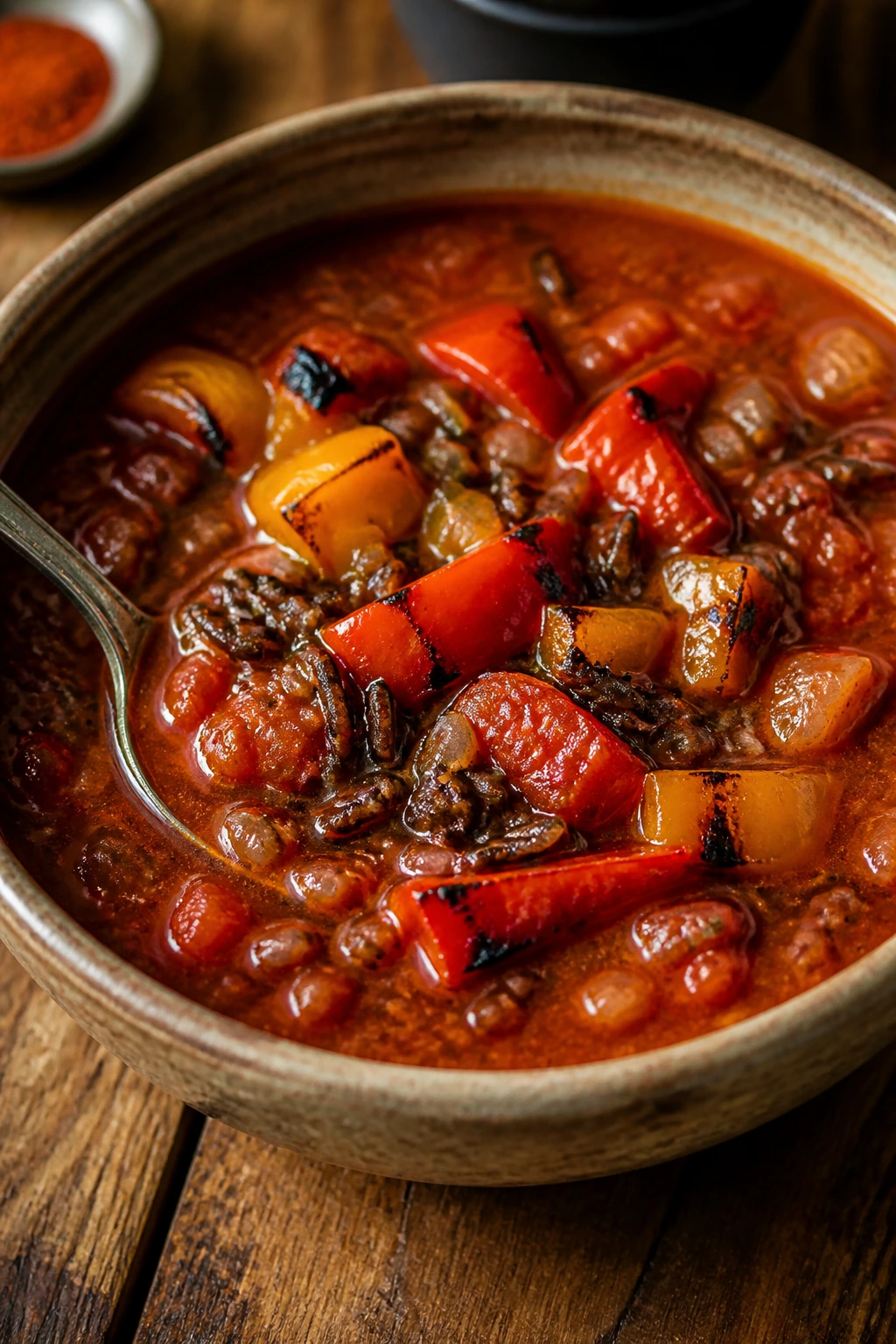 Smoky tomato pepper wild rice soup in a bowl.