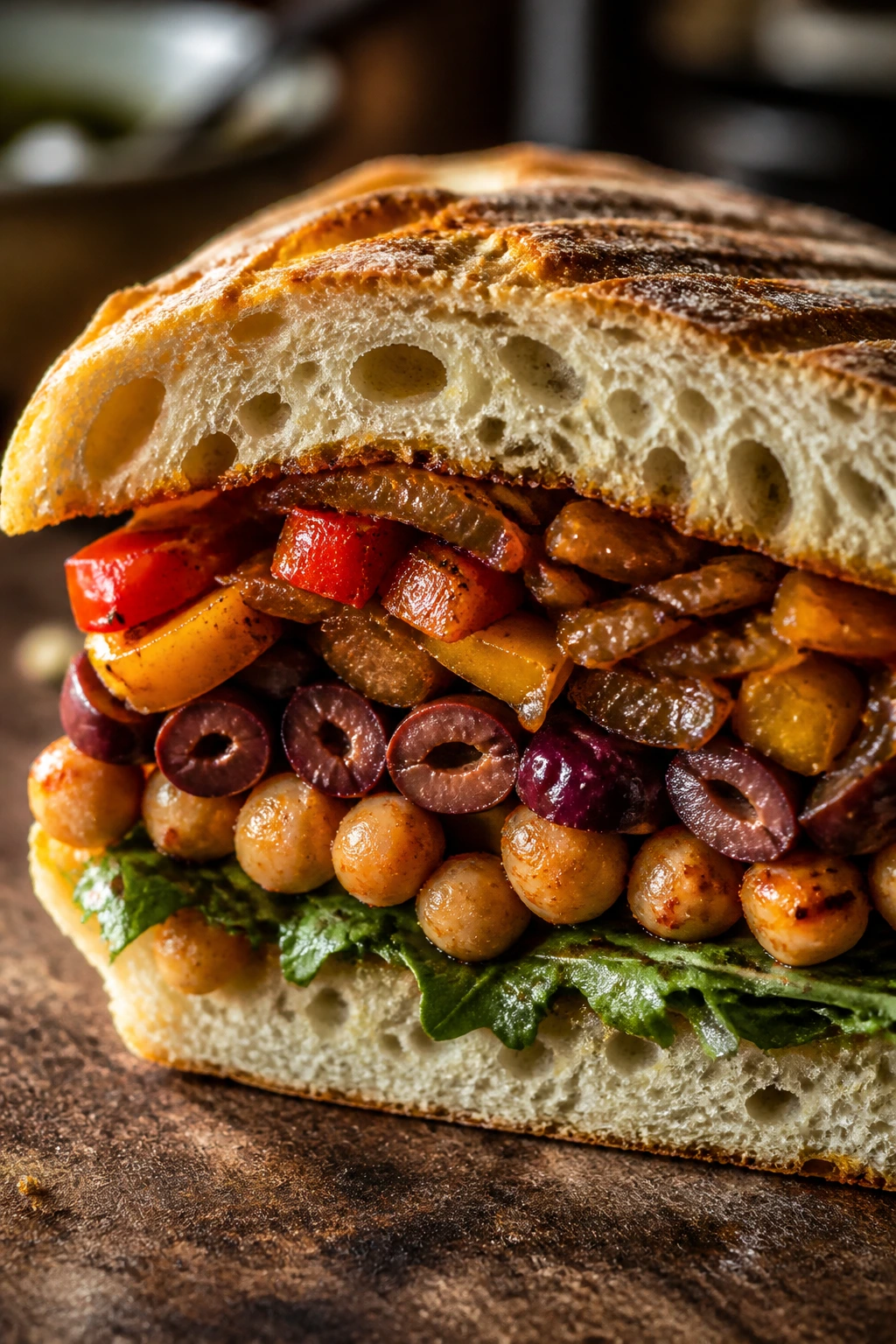 Cross-section of a sandwich showing multiple filling components