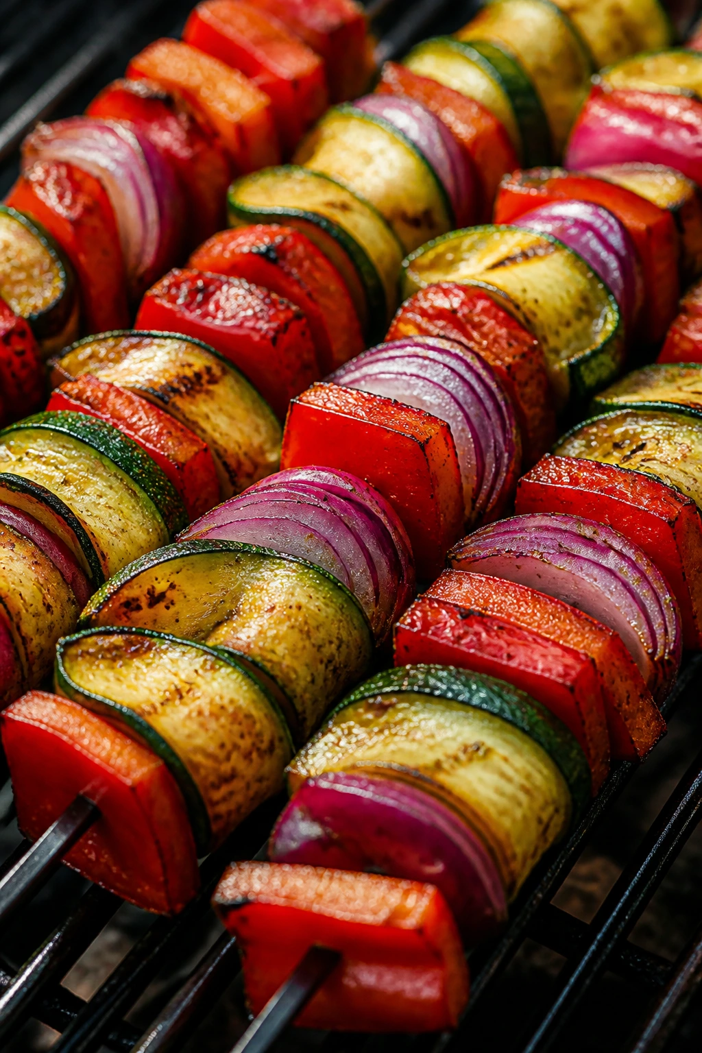 Close-up of zucchini, pepper, and red onion skewers with smoky paprika and charring