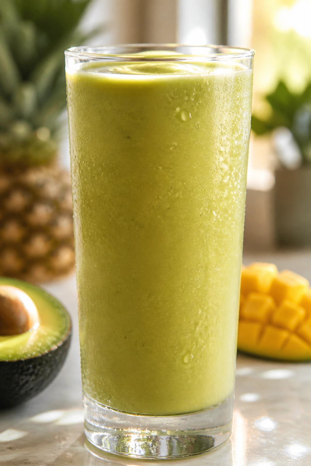 Tall glass of smooth pale green smoothie on kitchen counter
