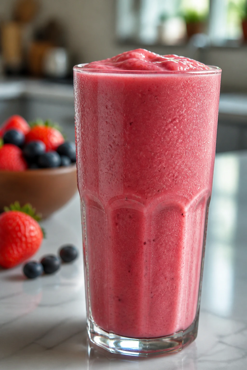 Thick cold smoothie in a glass on a kitchen counter