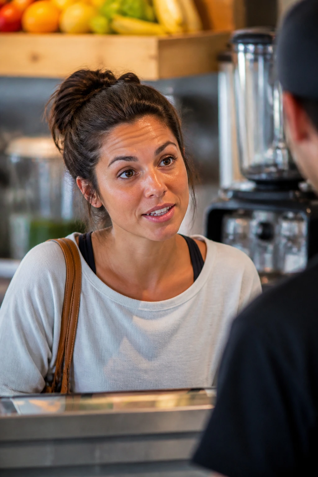 Close-up of a customer at a smoothie counter asking a question, warm cafe setting